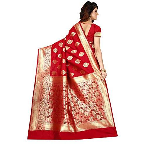 Shasmi Red and Golden Silk Blend Banaras Jacquard Woven Designing Saree for Women (San Pari 6