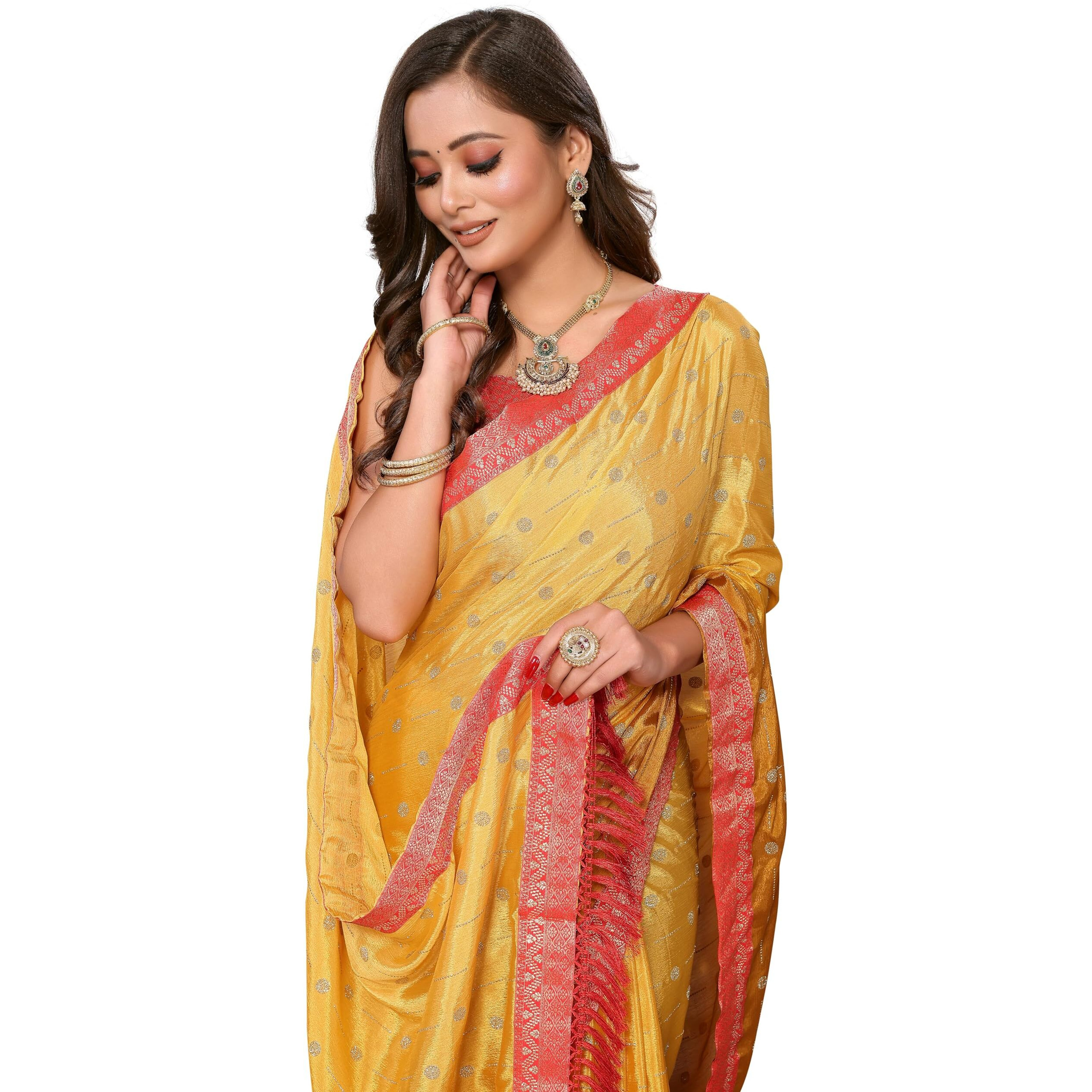 iZibra Saree for Women Latest Chiffon Batik Printed Work Lace Border Georgette Sari WIth Brocade Blouse Piece 2023 (Yellow)