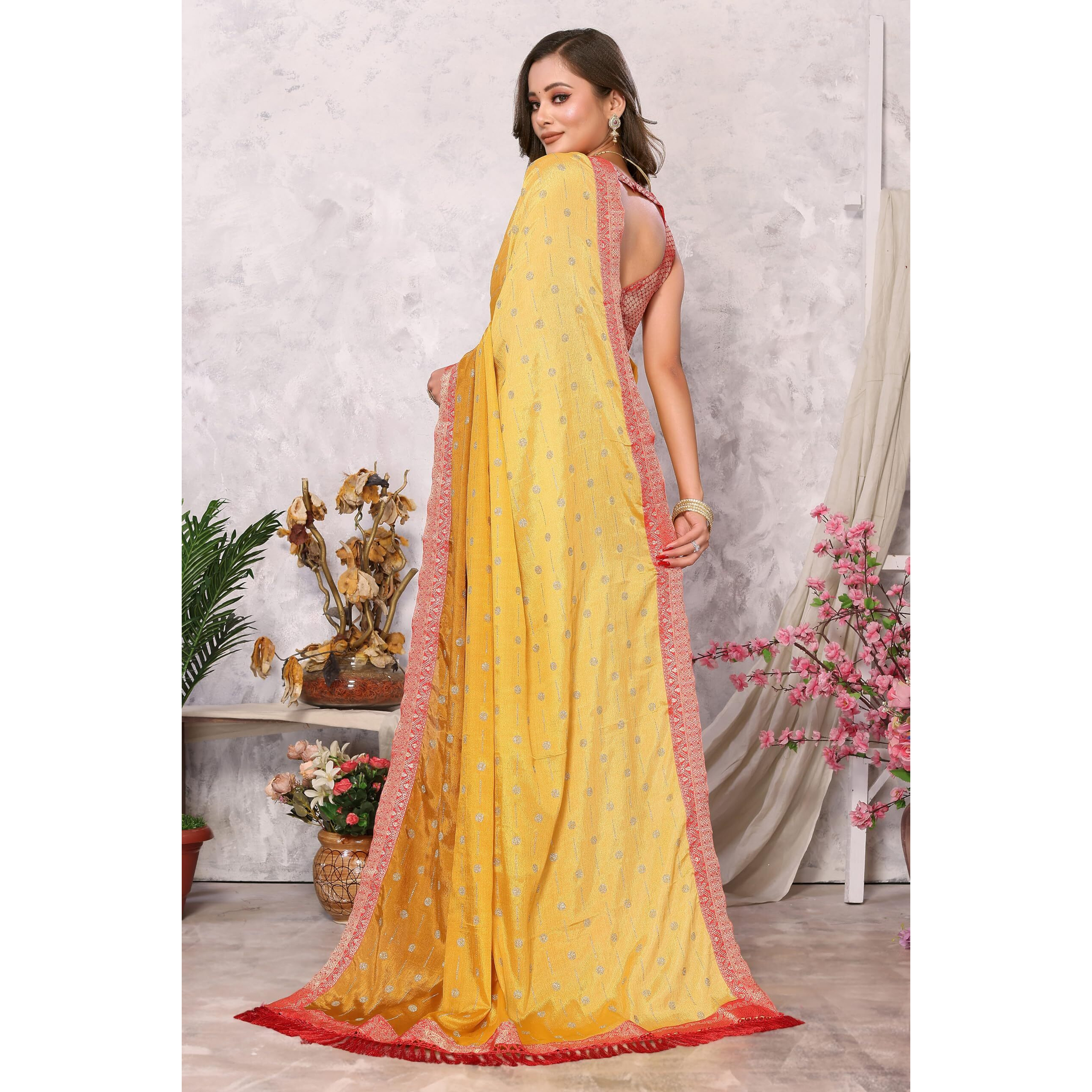 iZibra Saree for Women Latest Chiffon Batik Printed Work Lace Border Georgette Sari WIth Brocade Blouse Piece 2023 (Yellow)