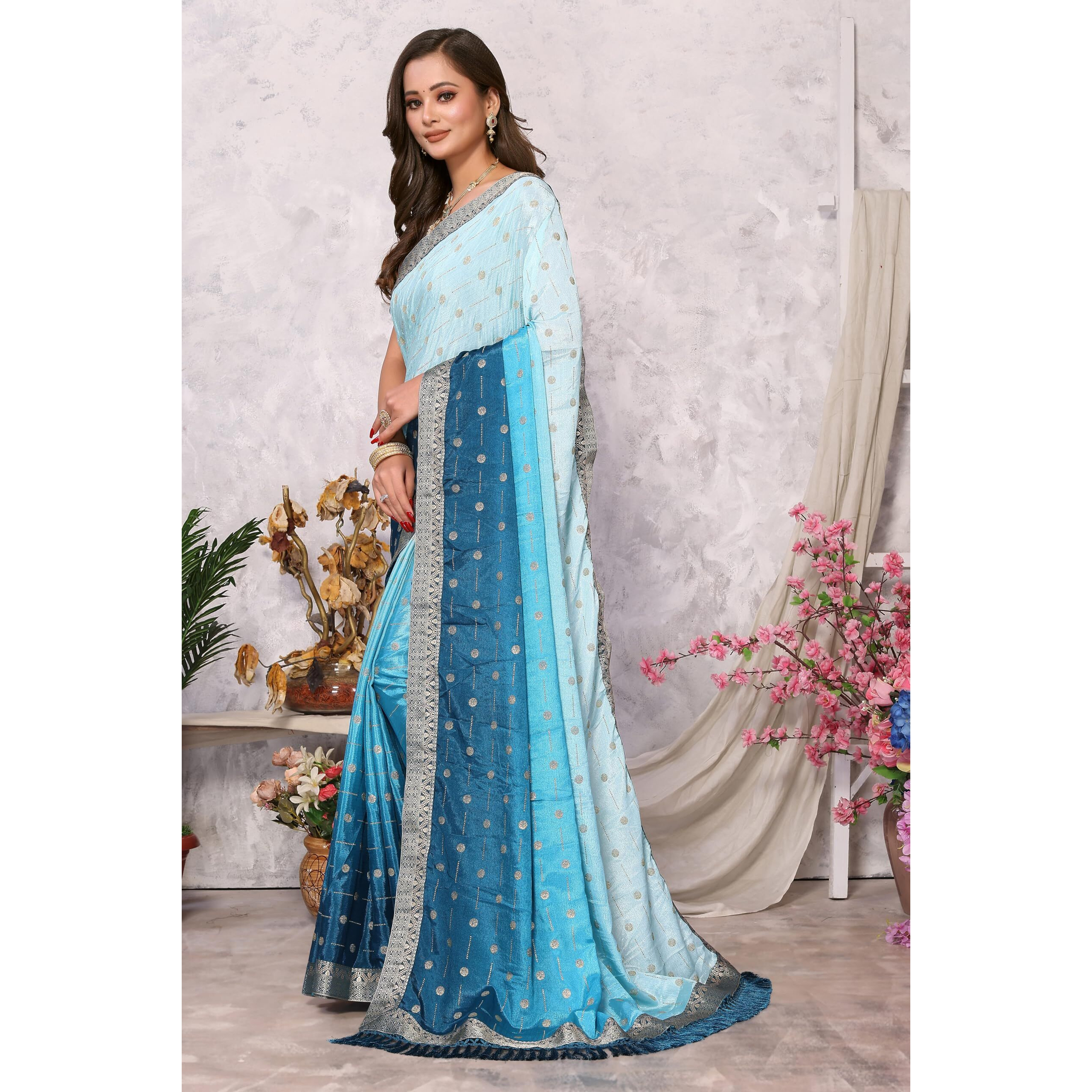 iZibra Saree for Women Latest Chiffon Batik Printed Work Lace Border Georgette Sari WIth Brocade Blouse Piece 2023 (Skyblue)