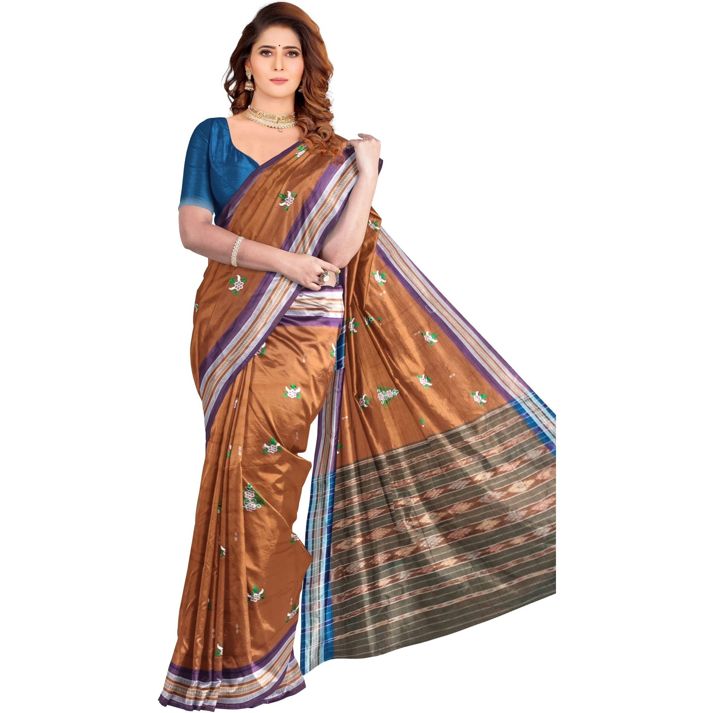 BTHIKIRI Odisha Sambalpuri Handloom Ikat Womens Cotton Saree, Odisha Handloom Handmade Pure Cotton Khandua Saree, Ikkat Orissa Traditional Handloom Saree Without Blouse (Brown, BTHI 105)