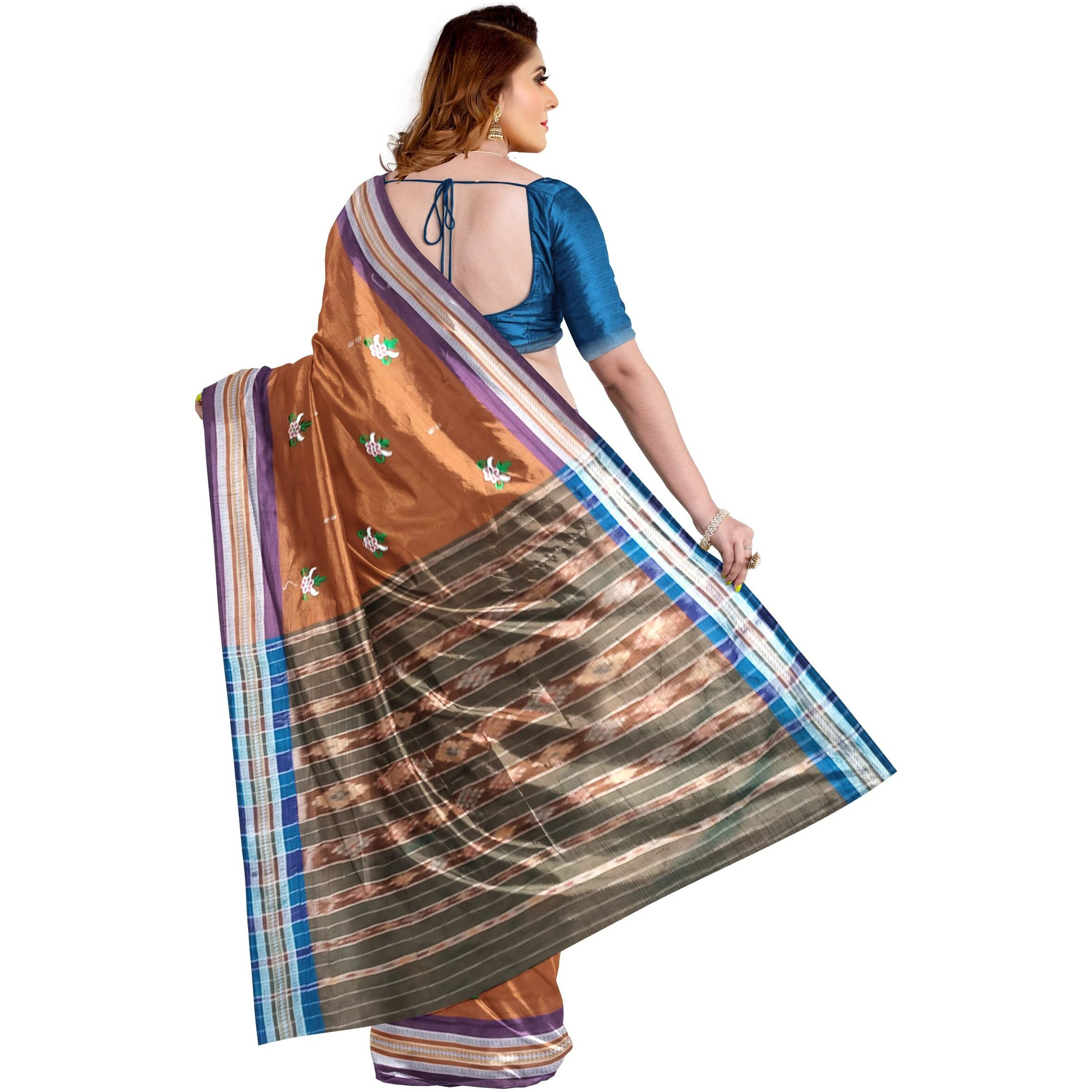 BTHIKIRI Odisha Sambalpuri Handloom Ikat Womens Cotton Saree, Odisha Handloom Handmade Pure Cotton Khandua Saree, Ikkat Orissa Traditional Handloom Saree Without Blouse (Brown, BTHI 105)