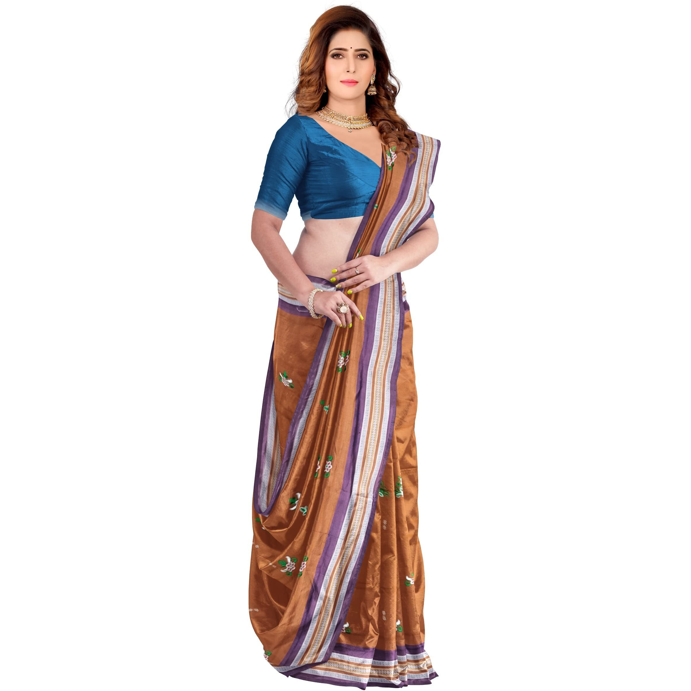 BTHIKIRI Odisha Sambalpuri Handloom Ikat Womens Cotton Saree, Odisha Handloom Handmade Pure Cotton Khandua Saree, Ikkat Orissa Traditional Handloom Saree Without Blouse (Brown, BTHI 105)