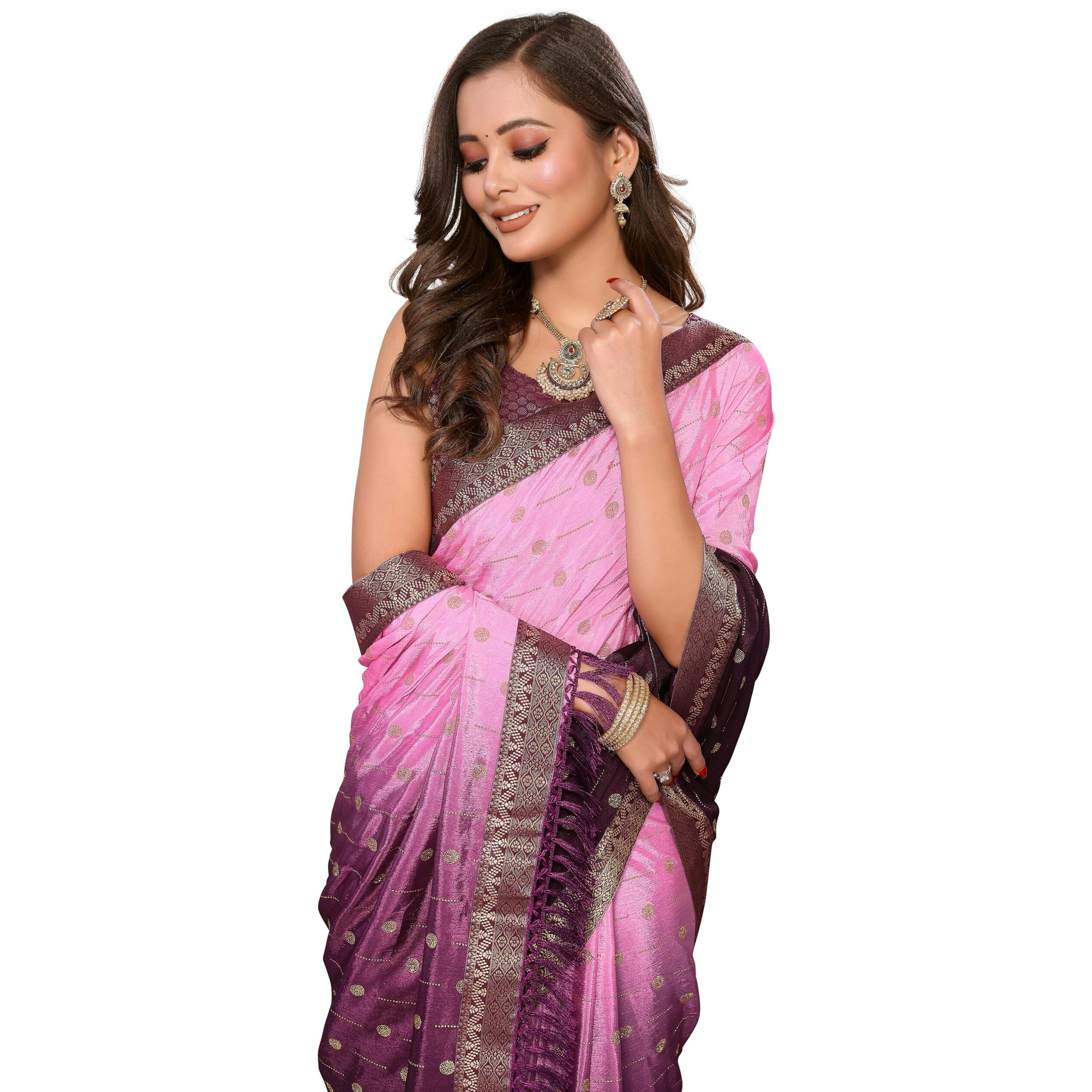 iZibra Saree for Women Latest Chiffon Batik Printed Work Lace Border Georgette Sari WIth Brocade Blouse Piece 2023 (Wine)