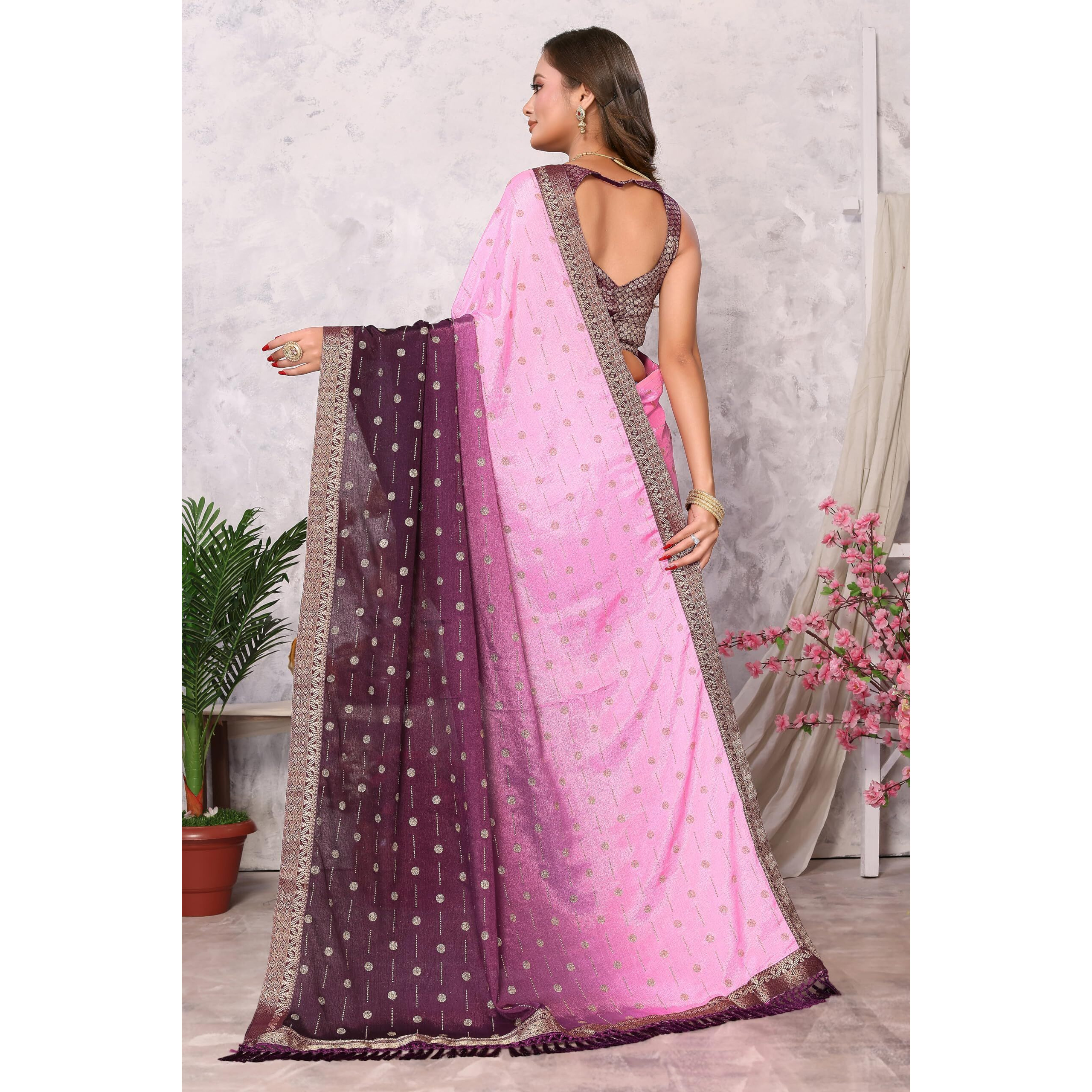 iZibra Saree for Women Latest Chiffon Batik Printed Work Lace Border Georgette Sari WIth Brocade Blouse Piece 2023 (Wine)