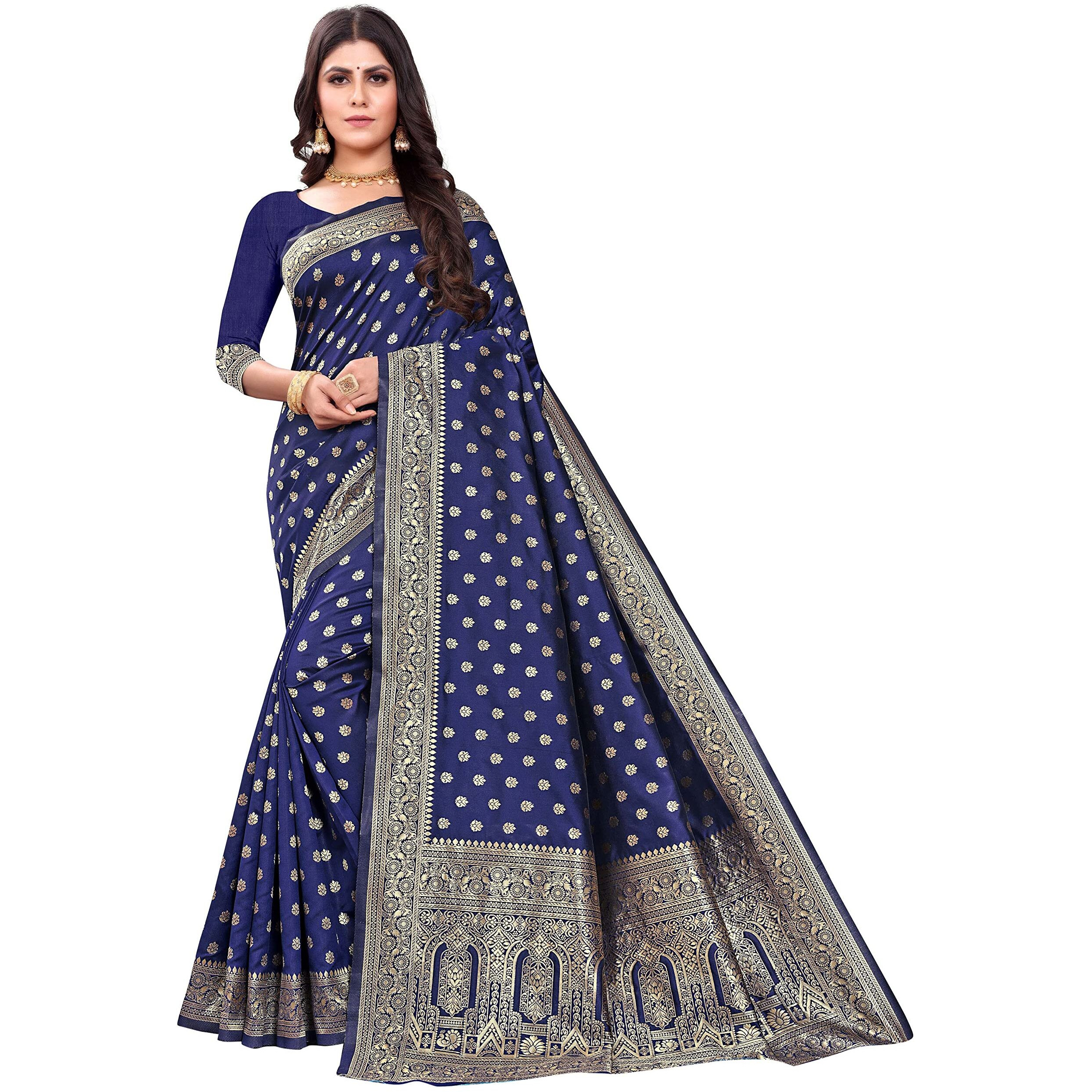 Shasmi Sarees Womens Art Silk Navy Blue Kanchipuram Saree (SAN PARI 124 N BLUE)