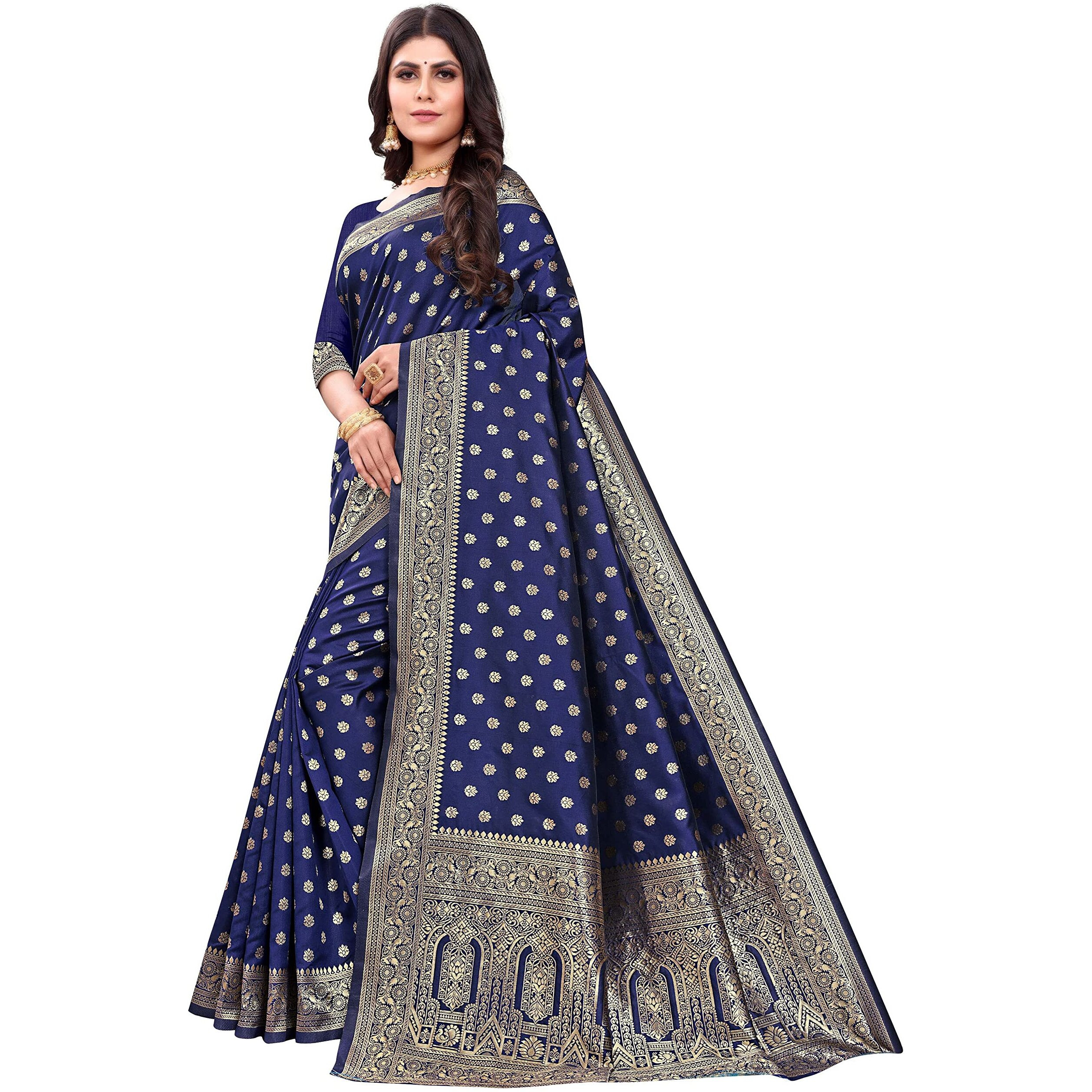 Shasmi Sarees Womens Art Silk Navy Blue Kanchipuram Saree (SAN PARI 124 N BLUE)