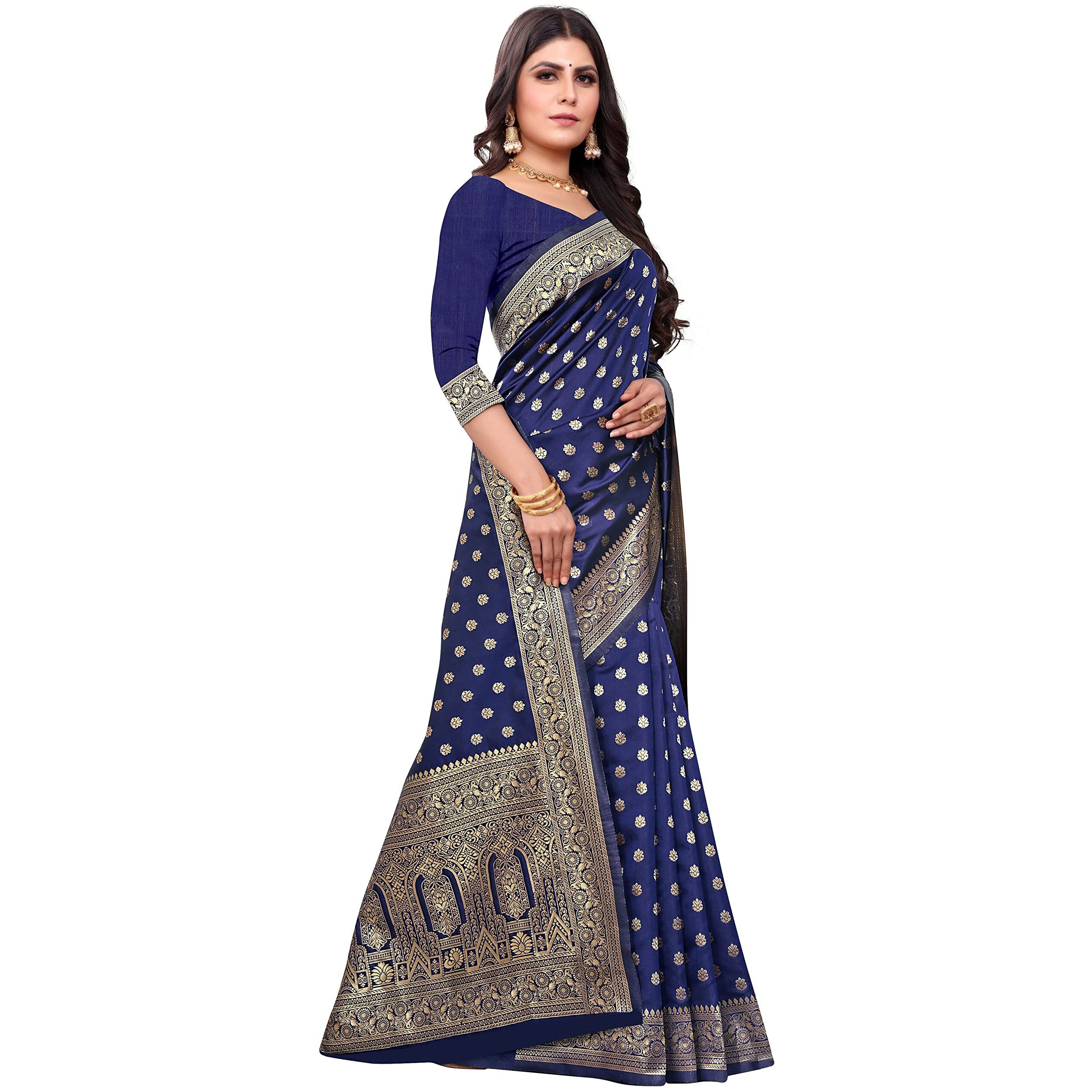 Shasmi Sarees Womens Art Silk Navy Blue Kanchipuram Saree (SAN PARI 124 N BLUE)