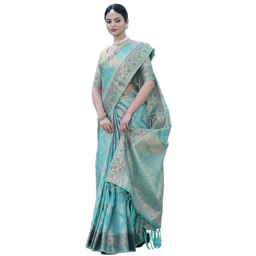 Satrani Womens Organza Banarasi Jacquard Saree with Unstitched Blouse Piece (3086S141N_Sky Blue)