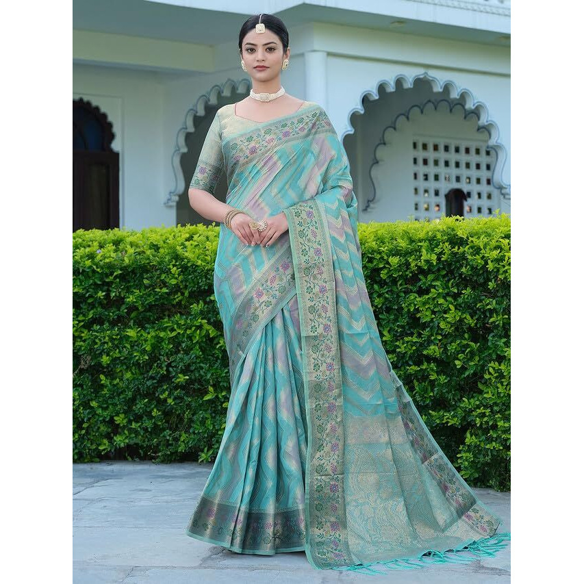 Satrani Womens Organza Banarasi Jacquard Saree with Unstitched Blouse Piece (3086S141N_Sky Blue)