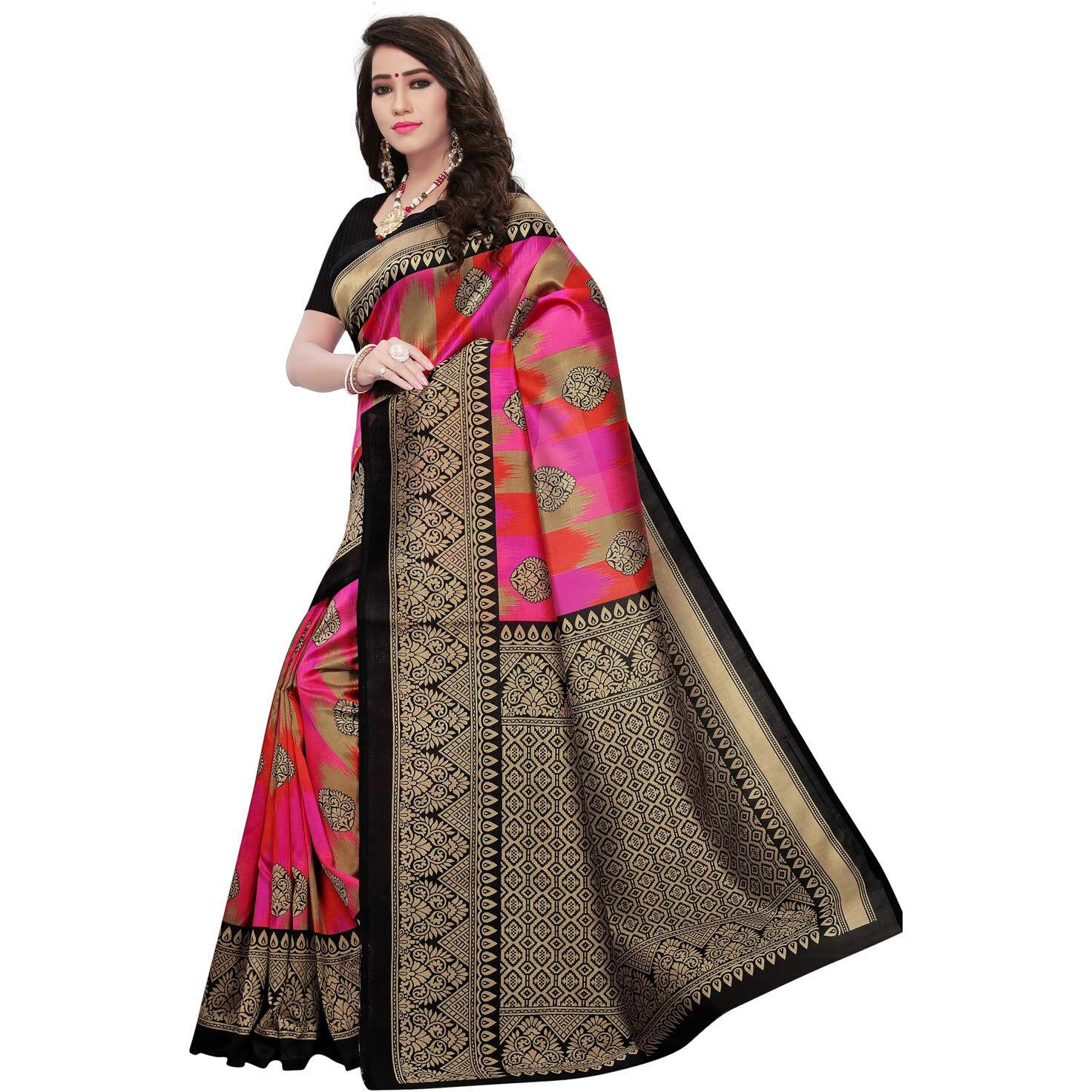 KANCHNAR Womens Poly Silk Printed Saree With Blouse (800S39_Multi)