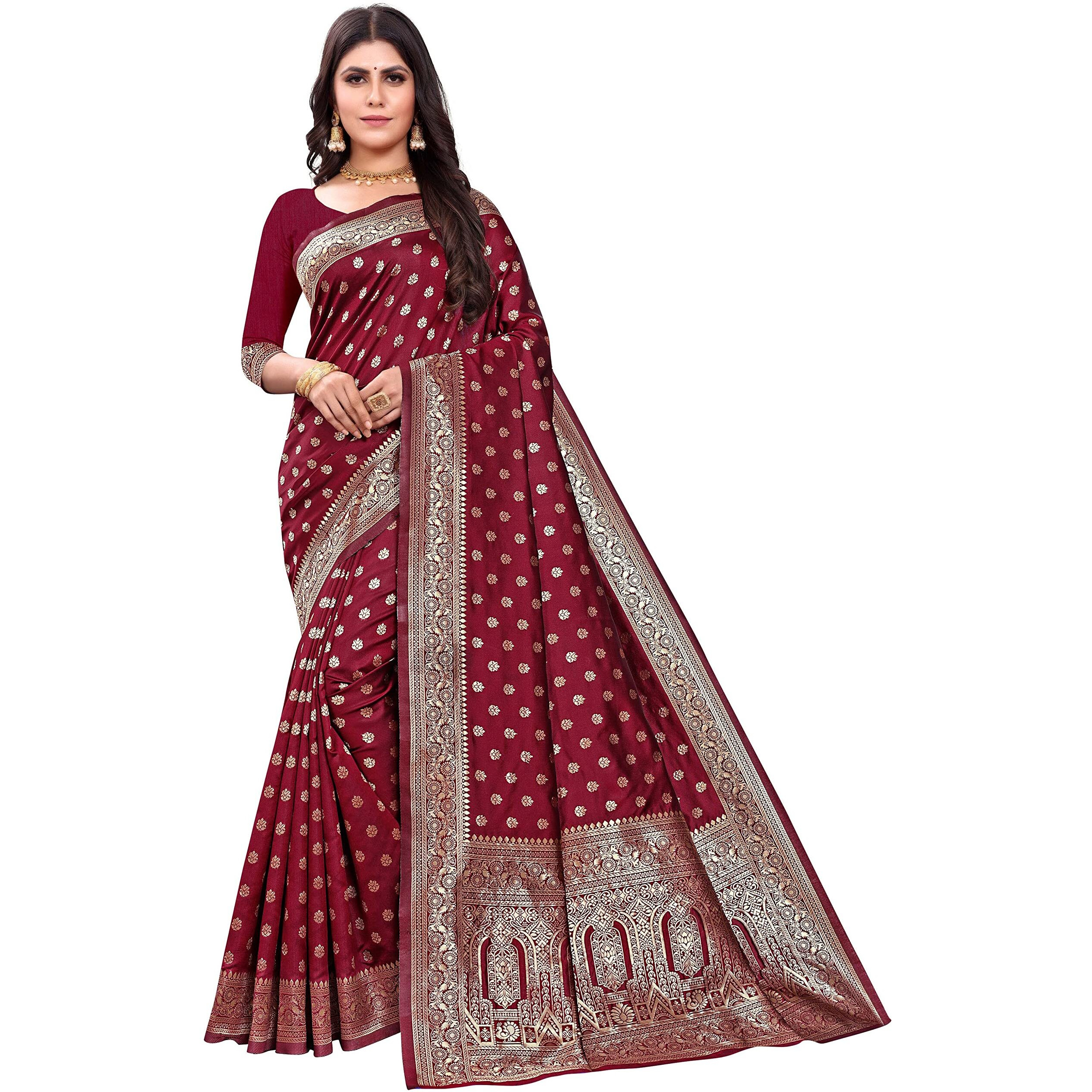 Shasmi Sarees Womens Art Silk Maroon Kanchipuram Saree (SAN PARI 124 MAROON)