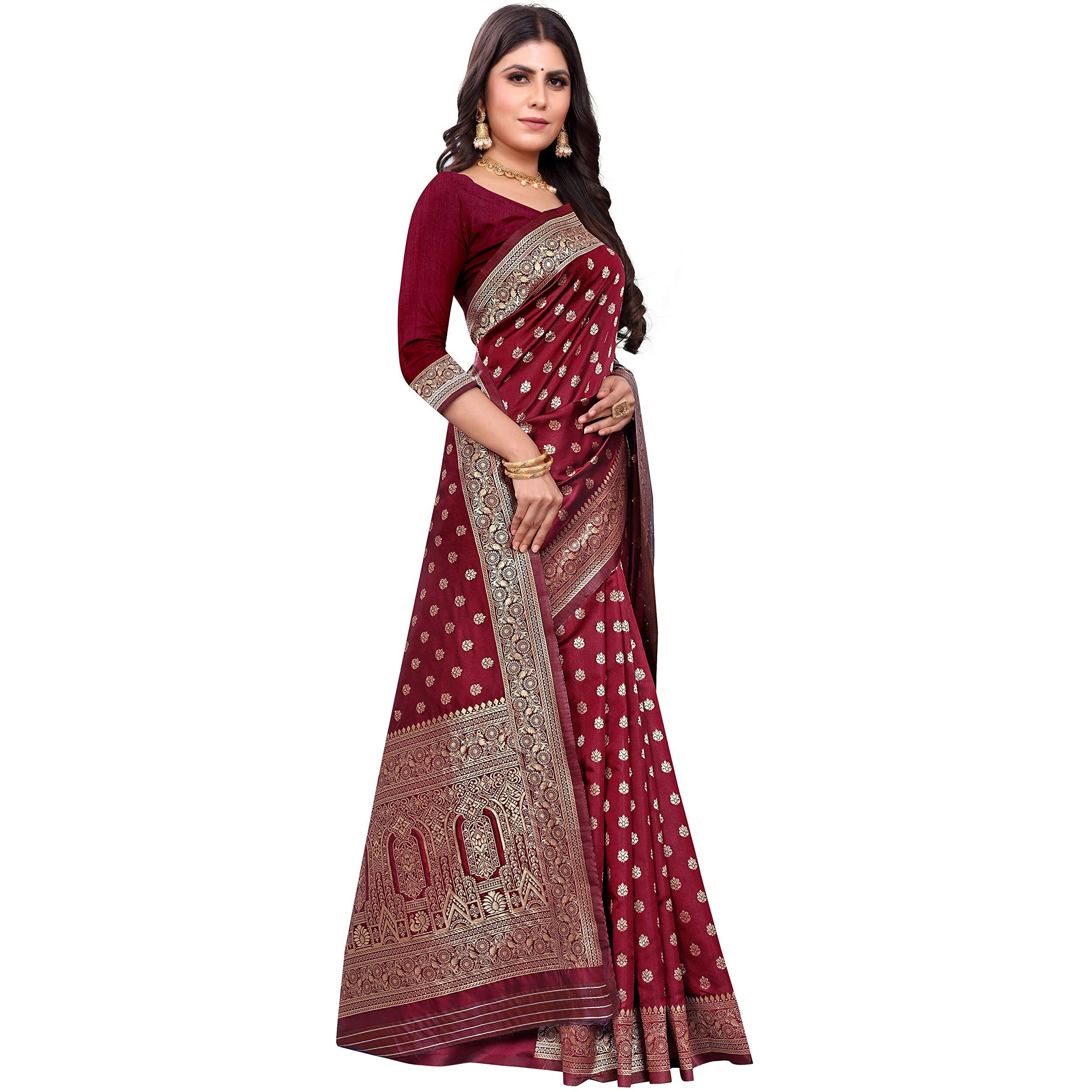 Shasmi Sarees Womens Art Silk Maroon Kanchipuram Saree (SAN PARI 124 MAROON)