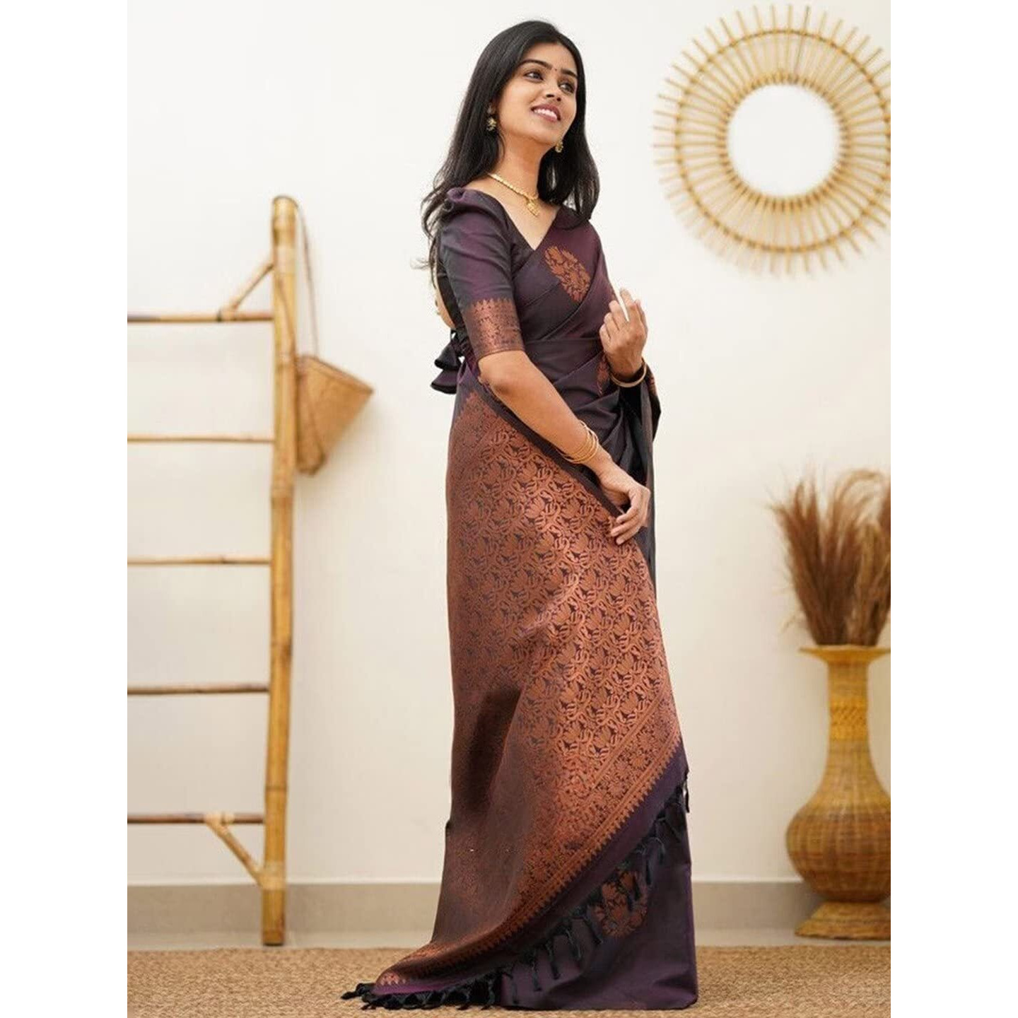 Bollyclues Kanjivaram Banarasi South Indian Traditional Soft Lichi Silk Saree With Un-stitched Blouse Piece (Coffee)