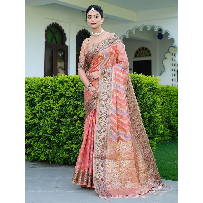 Satrani Womens Organza Banarasi Jacquard Saree with Unstitched Blouse Piece (3086S144N_Pink)