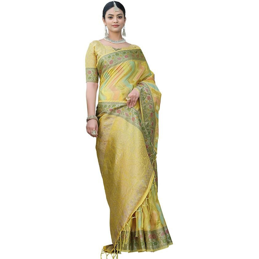 Satrani Womens Organza Banarasi Jacquard Saree with Unstitched Blouse Piece (3086S146N_Yellow)