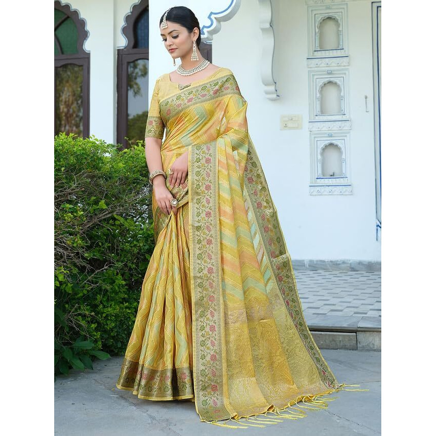 Satrani Womens Organza Banarasi Jacquard Saree with Unstitched Blouse Piece (3086S146N_Yellow)