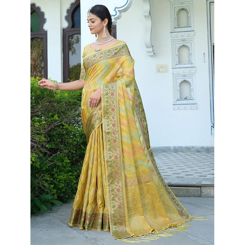 Satrani Womens Organza Banarasi Jacquard Saree with Unstitched Blouse Piece (3086S146N_Yellow)