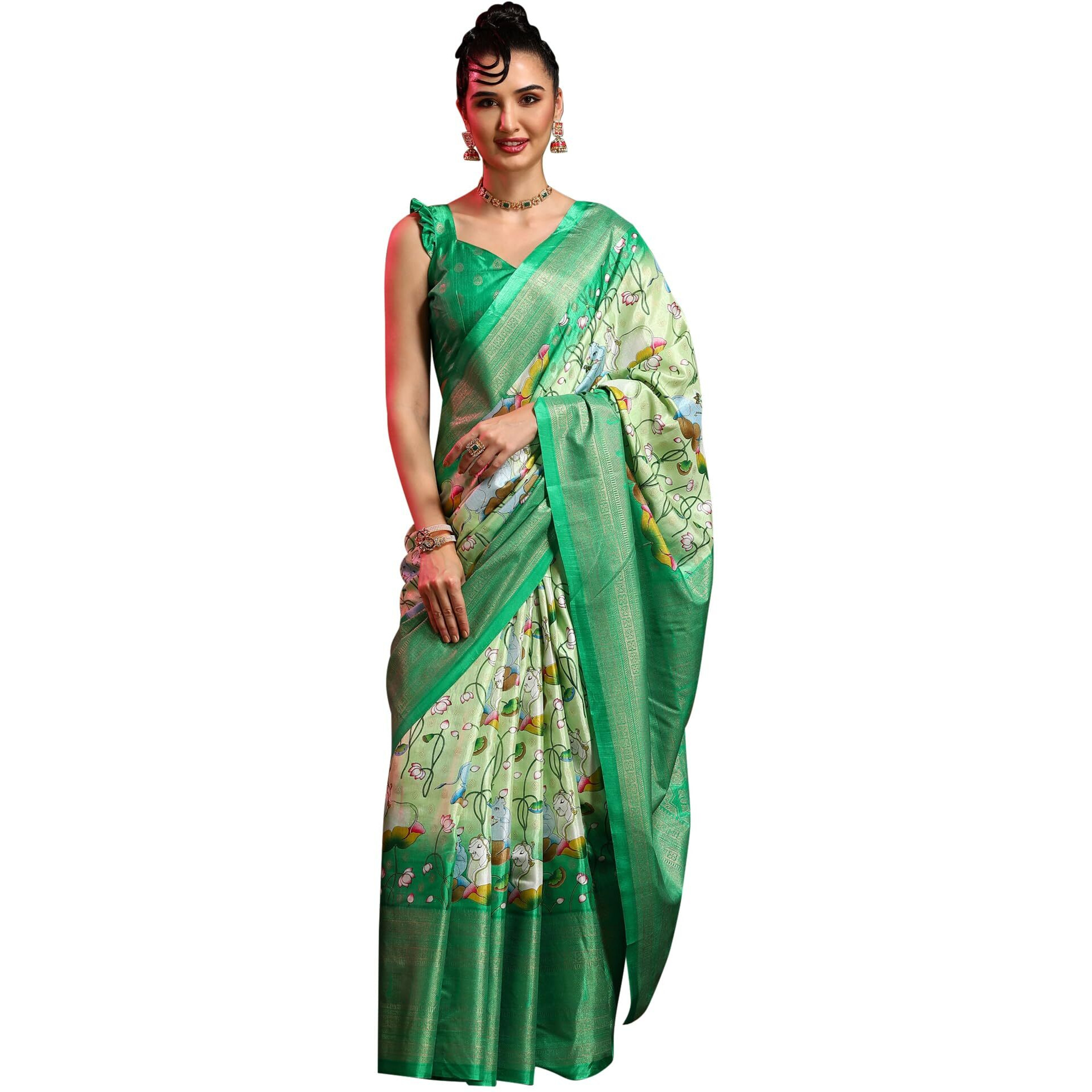 AKHILAM Womens Dola Silk Kalamkari Printed Saree With Unstitched Blouse Piece(Light Green_RAJWADI03E_HS)