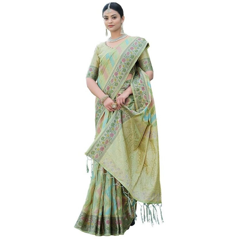 Satrani Womens Organza Banarasi Jacquard Saree with Unstitched Blouse Piece (3086S145N_Pista Green)