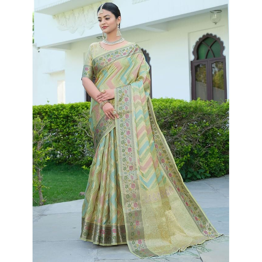 Satrani Womens Organza Banarasi Jacquard Saree with Unstitched Blouse Piece (3086S145N_Pista Green)