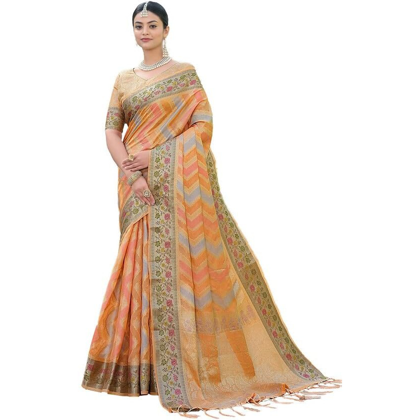 Satrani Womens Organza Banarasi Jacquard Saree with Unstitched Blouse Piece (3086S143N_Orange)