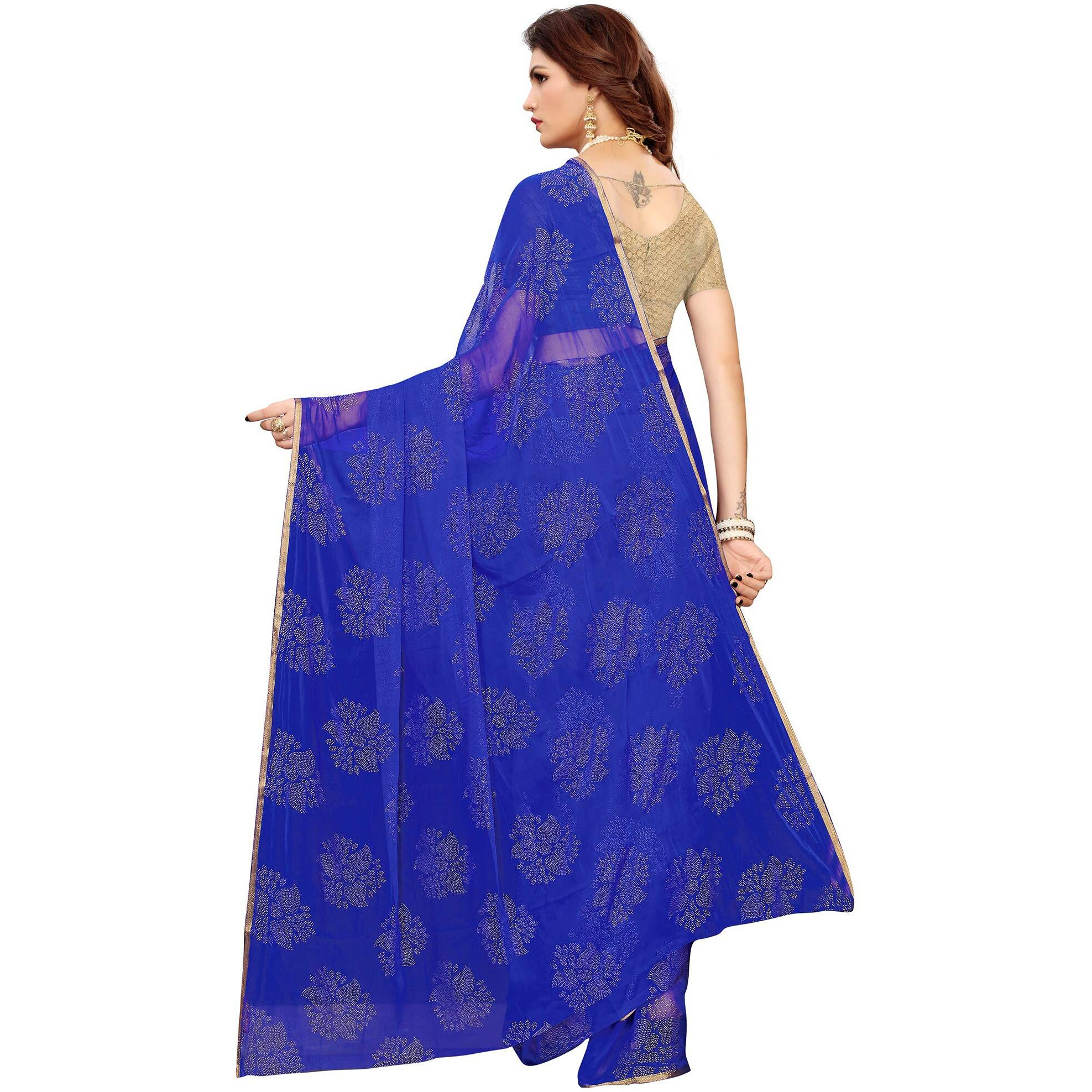 AKHILAM Womens Chiffon Woven Desigh Saree with Unstitched Blouse Piece(Dark Blue_DOLY2605)