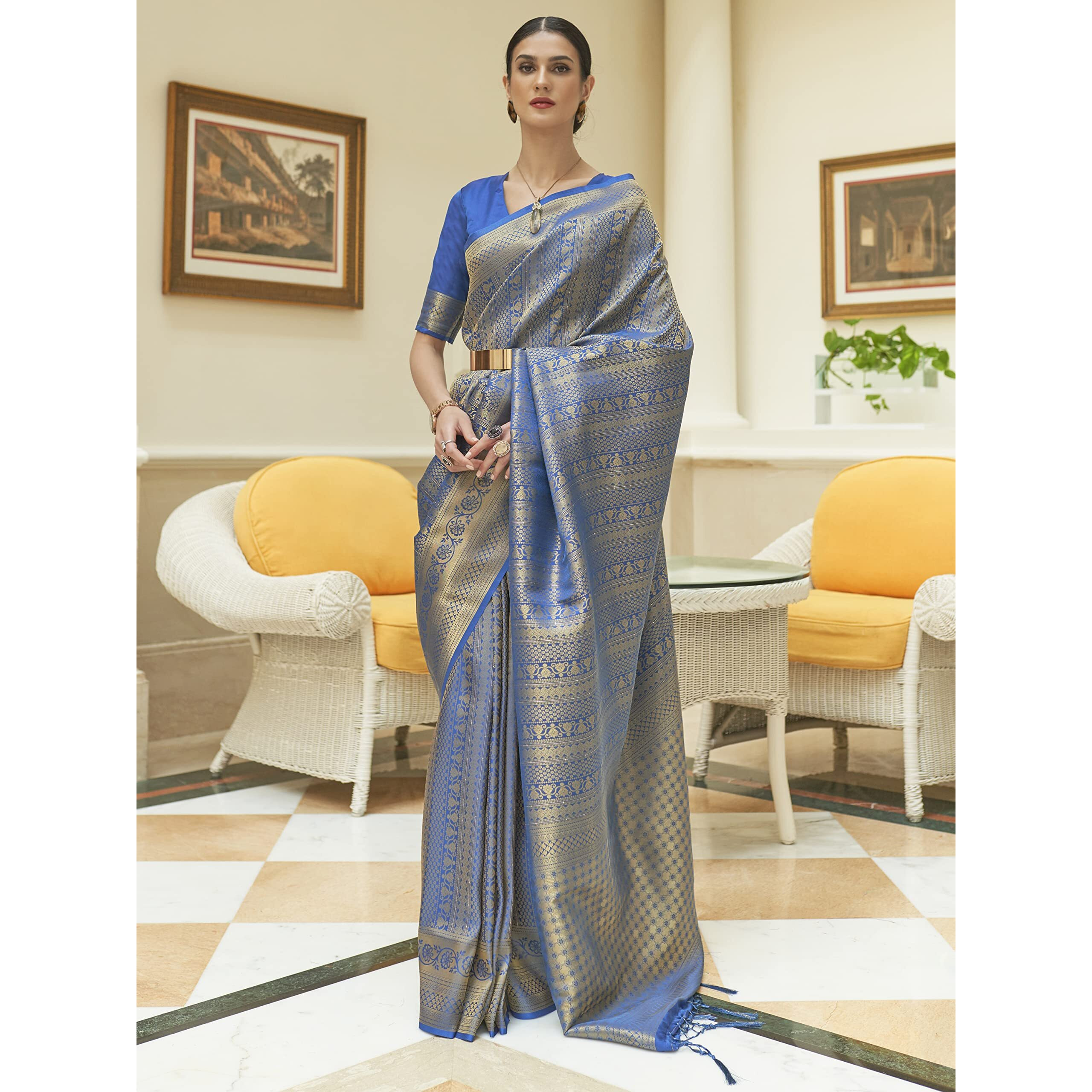 AKHILAM Womens Kanjeevaram Silk Embroidered Woven Zari Work saree With Unstitched Blouse Piece (Blue_KSHF235002)