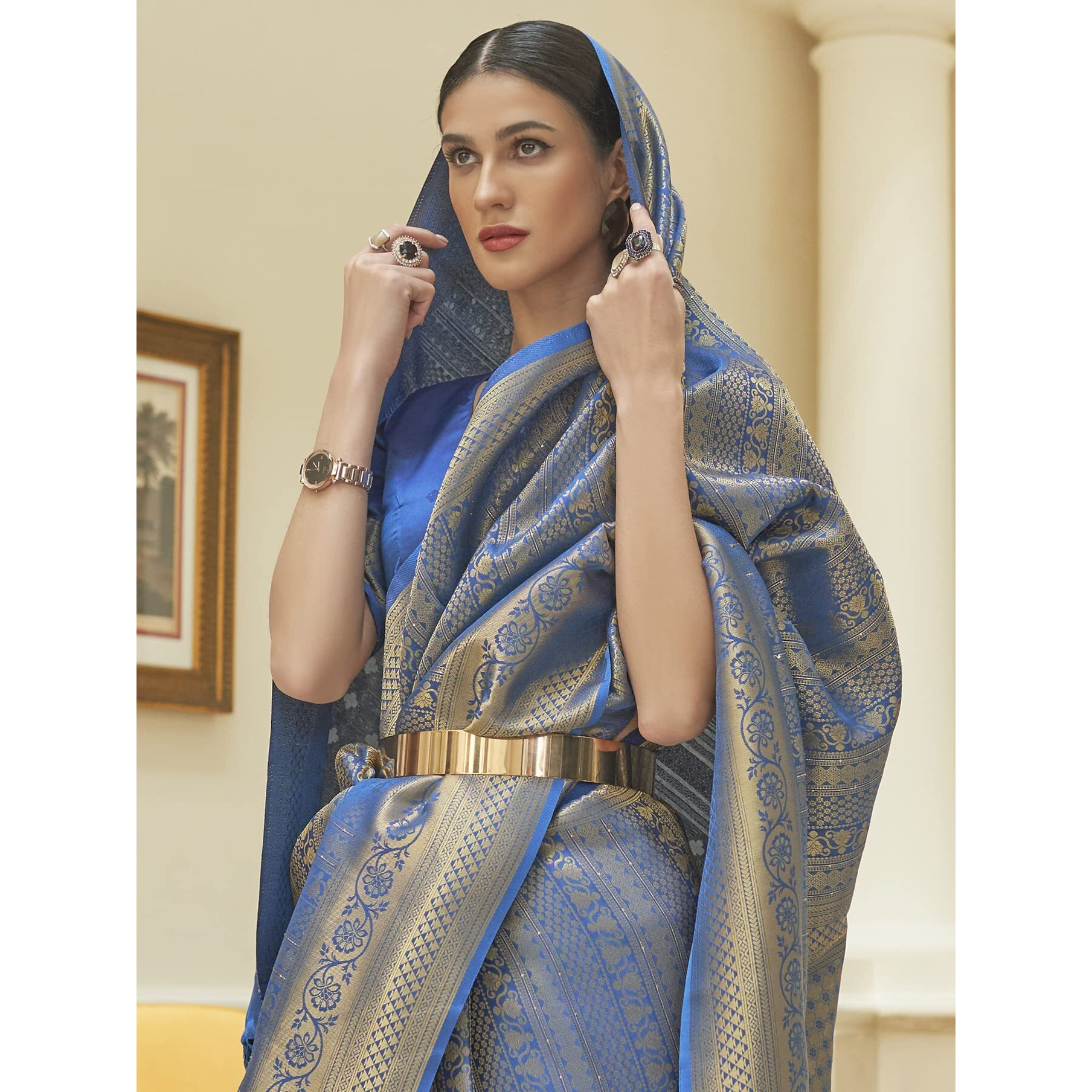 AKHILAM Womens Kanjeevaram Silk Embroidered Woven Zari Work saree With Unstitched Blouse Piece (Blue_KSHF235002)