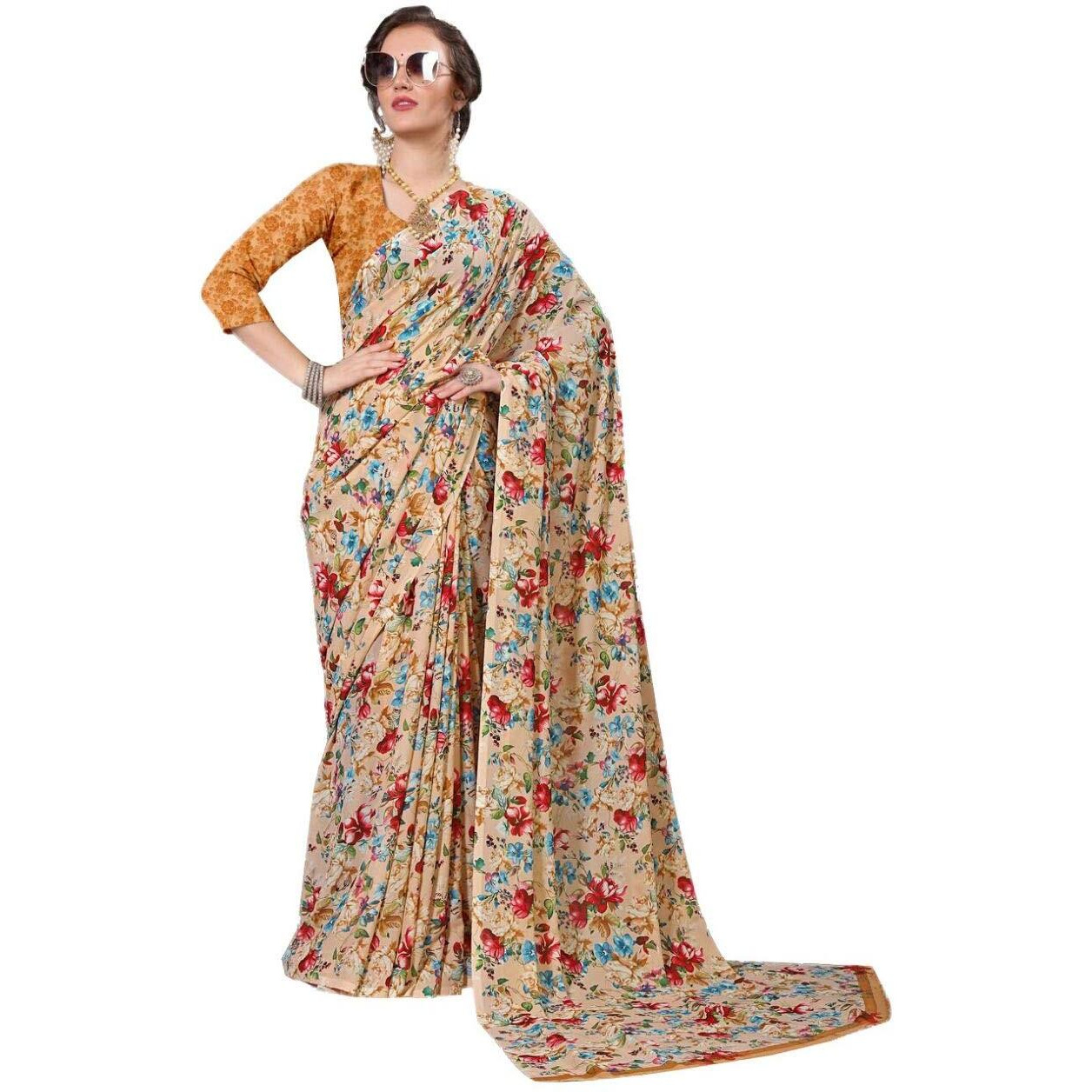 Mermaid Ocean Womens Georgette Floral Saree with Blouse Piece (ME0249, Beige Brown)