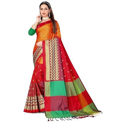 GRECIILOOKS Womens Cotton Silk Casual Saree For Women (Orange1)