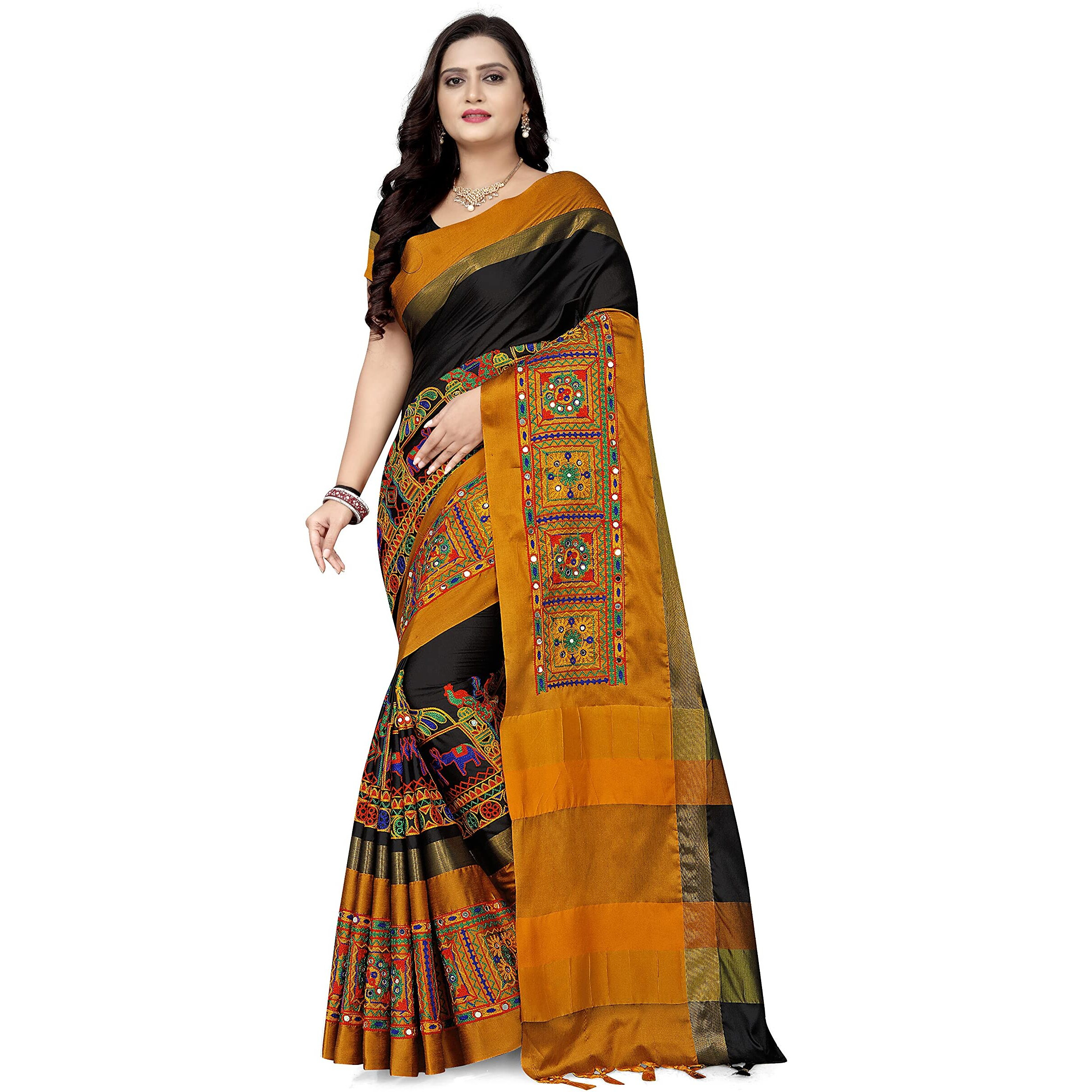 KAVINDI Womens Cotton Silk with Kutchi Embroidered Work Saree with Blouse