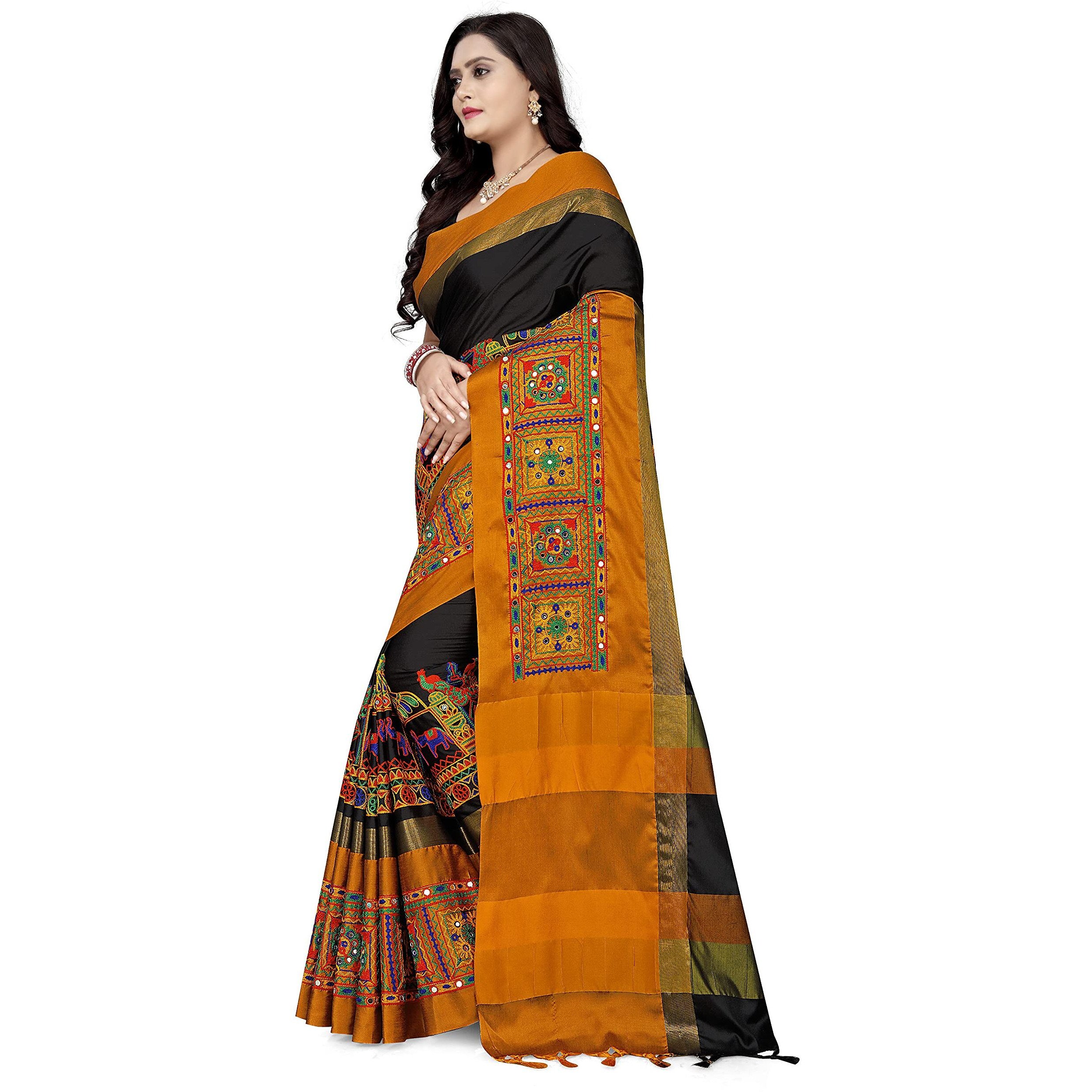 KAVINDI Womens Cotton Silk with Kutchi Embroidered Work Saree with Blouse