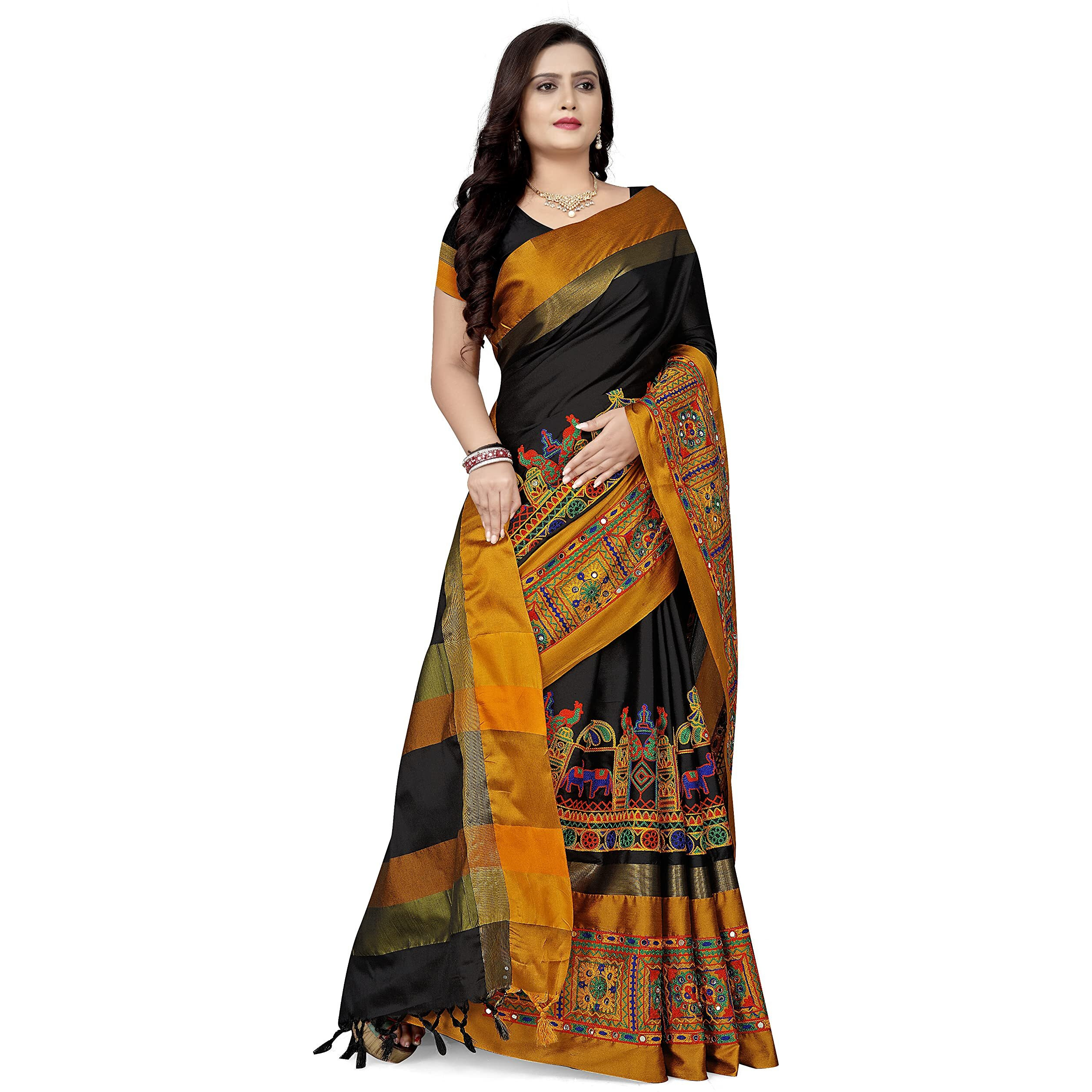 KAVINDI Womens Cotton Silk with Kutchi Embroidered Work Saree with Blouse