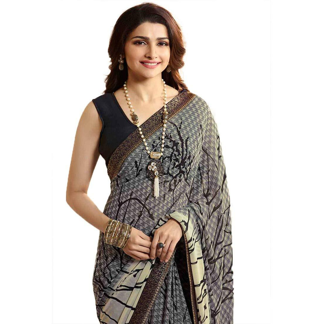 Shruhad  Womens Georgette Printed Saree with Jacquard Lace Border & Blouse Piece in Grey color (Saree Length 6.3 Mtr) (grey)