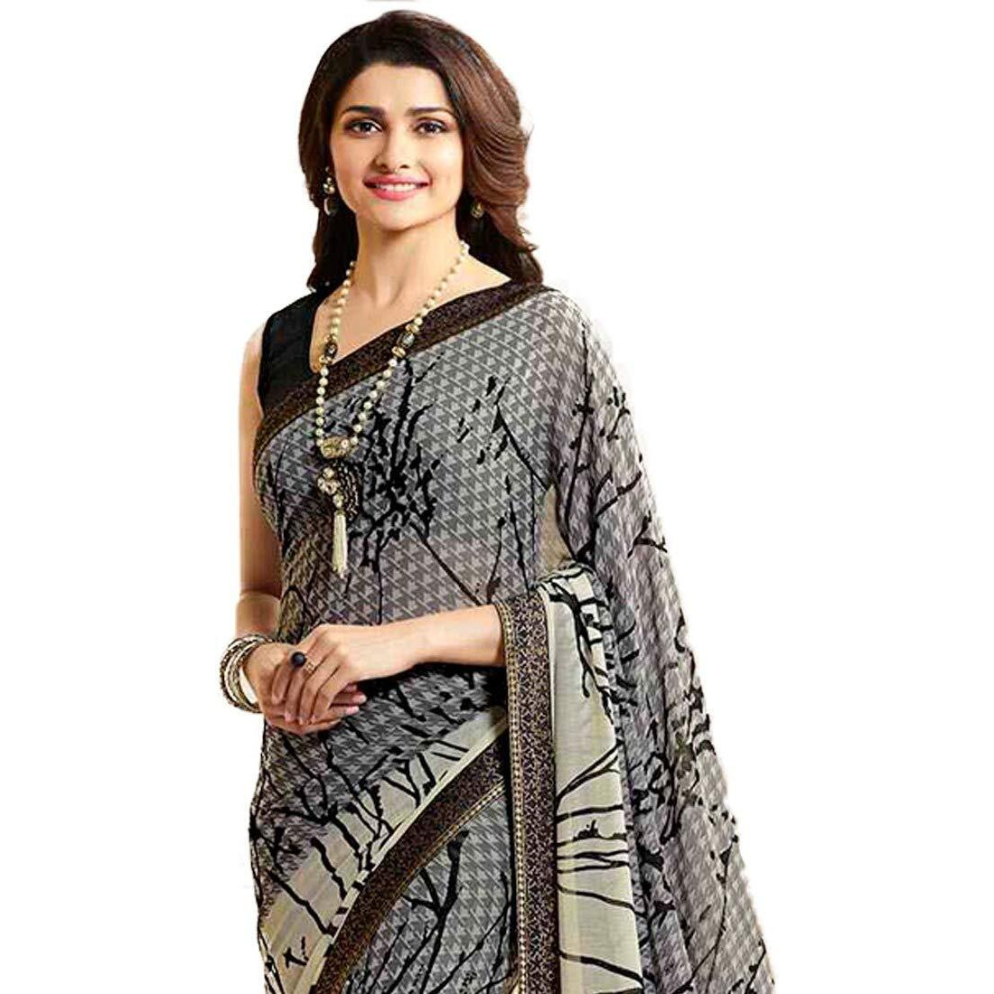 Shruhad  Womens Georgette Printed Saree with Jacquard Lace Border & Blouse Piece in Grey color (Saree Length 6.3 Mtr) (grey)