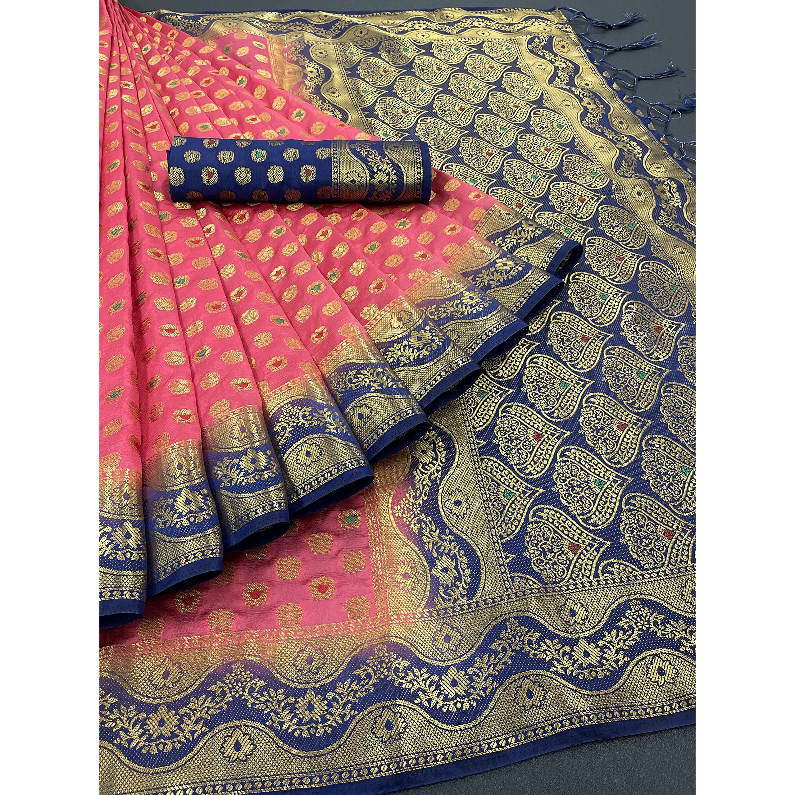 iZibra kanjivaram silk saree wedding cotton sarees for women Banarasi sadi original Kanchipuram pure sadi pattu sari with blouse piece 2023(Pink)