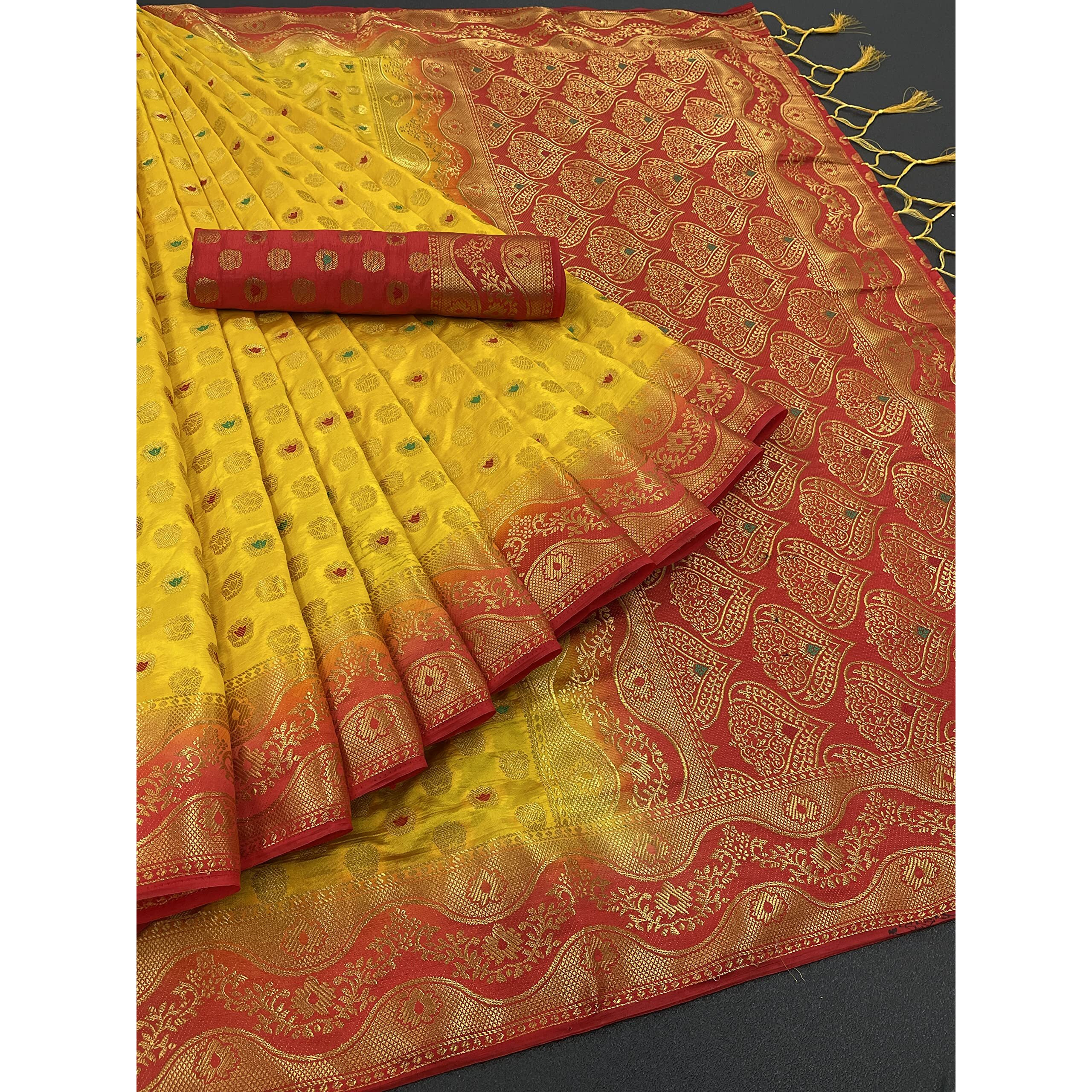 iZibra kanjivaram silk saree wedding cotton sarees for women Banarasi sadi original Kanchipuram pure sadi pattu sari with blouse piece 2023(Yellow Red)