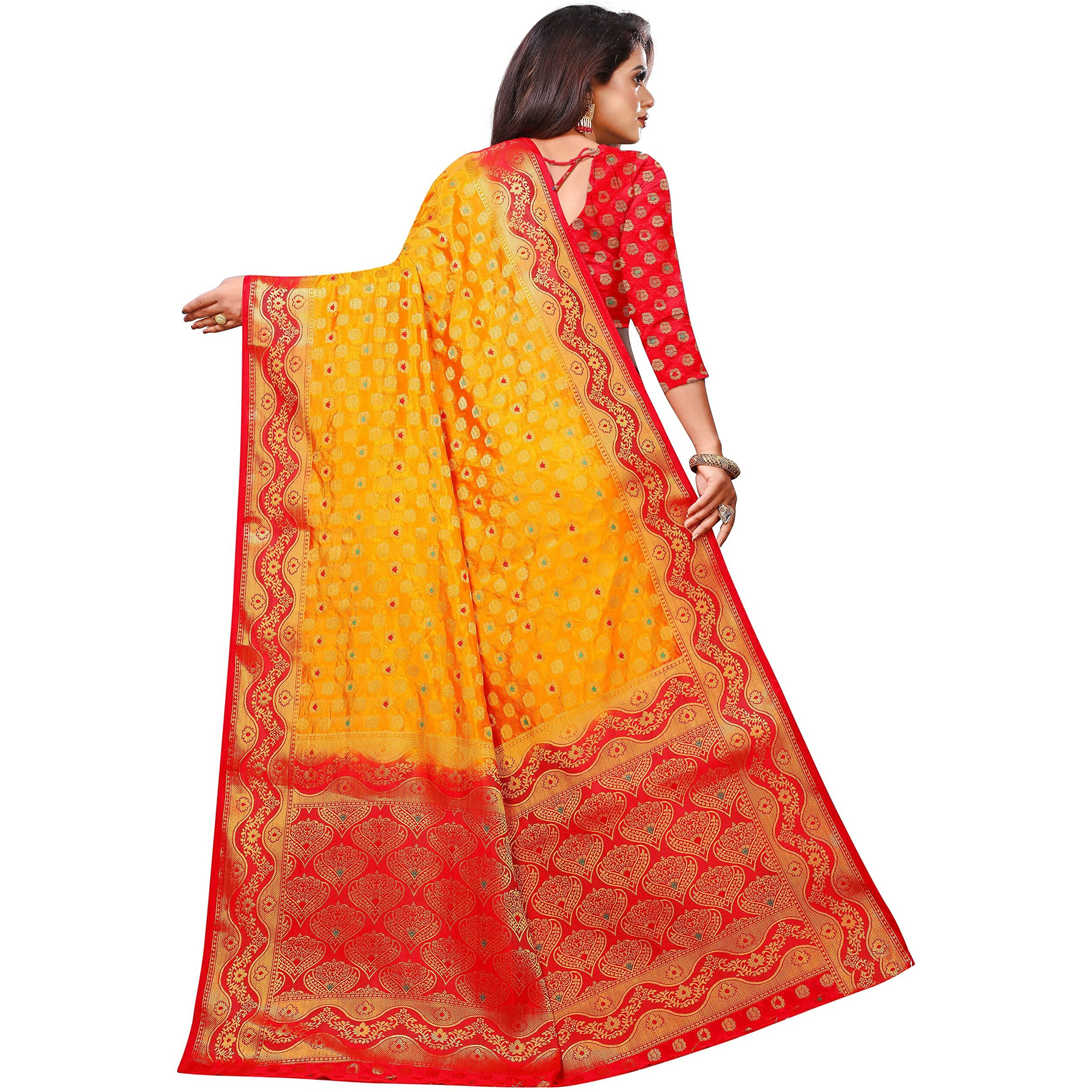 iZibra kanjivaram silk saree wedding cotton sarees for women Banarasi sadi original Kanchipuram pure sadi pattu sari with blouse piece 2023(Yellow Red)