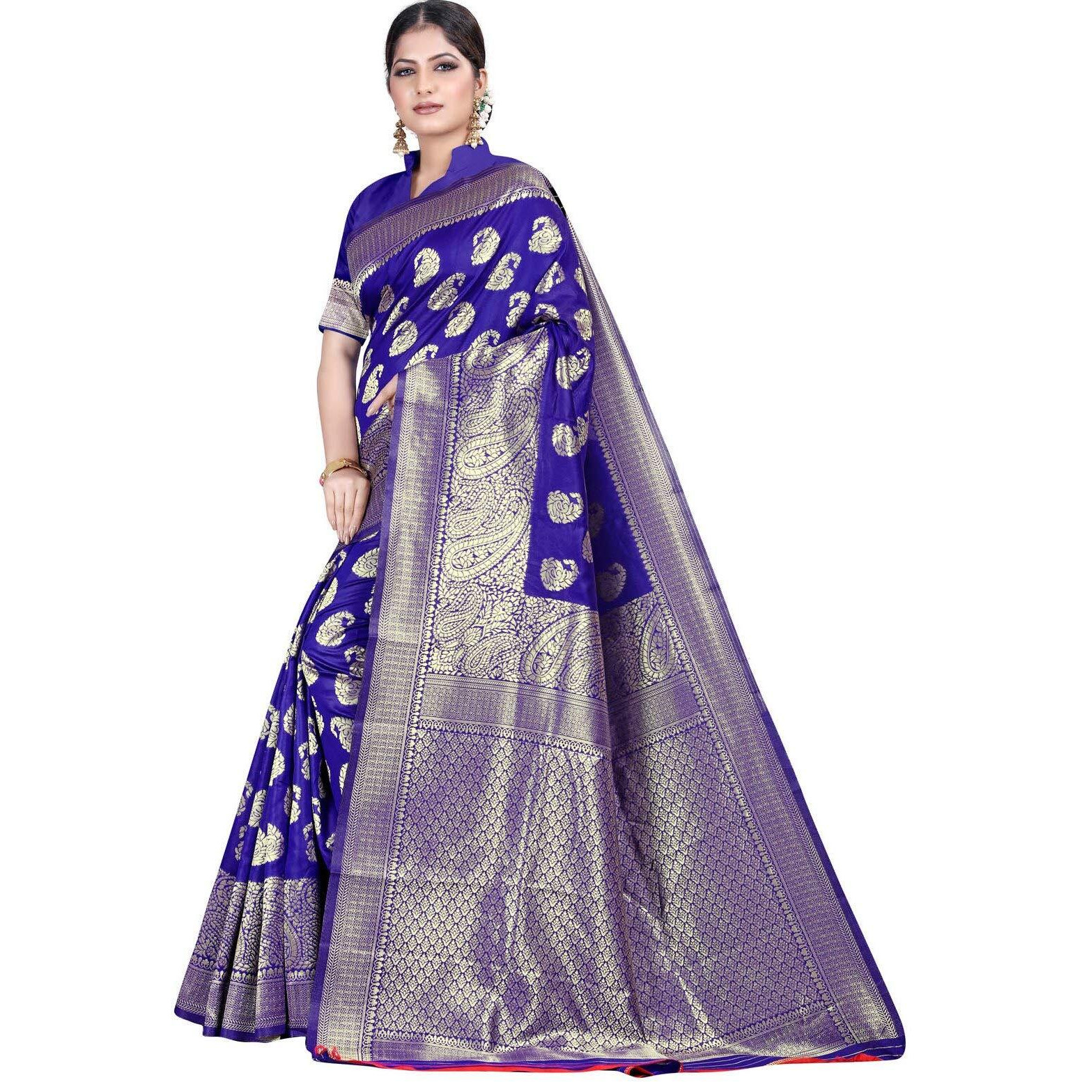 Shasmi Royal Blue Silk Blend Kanchipuram Jacquard Woven Designing Saree for Women (Pari 8 R