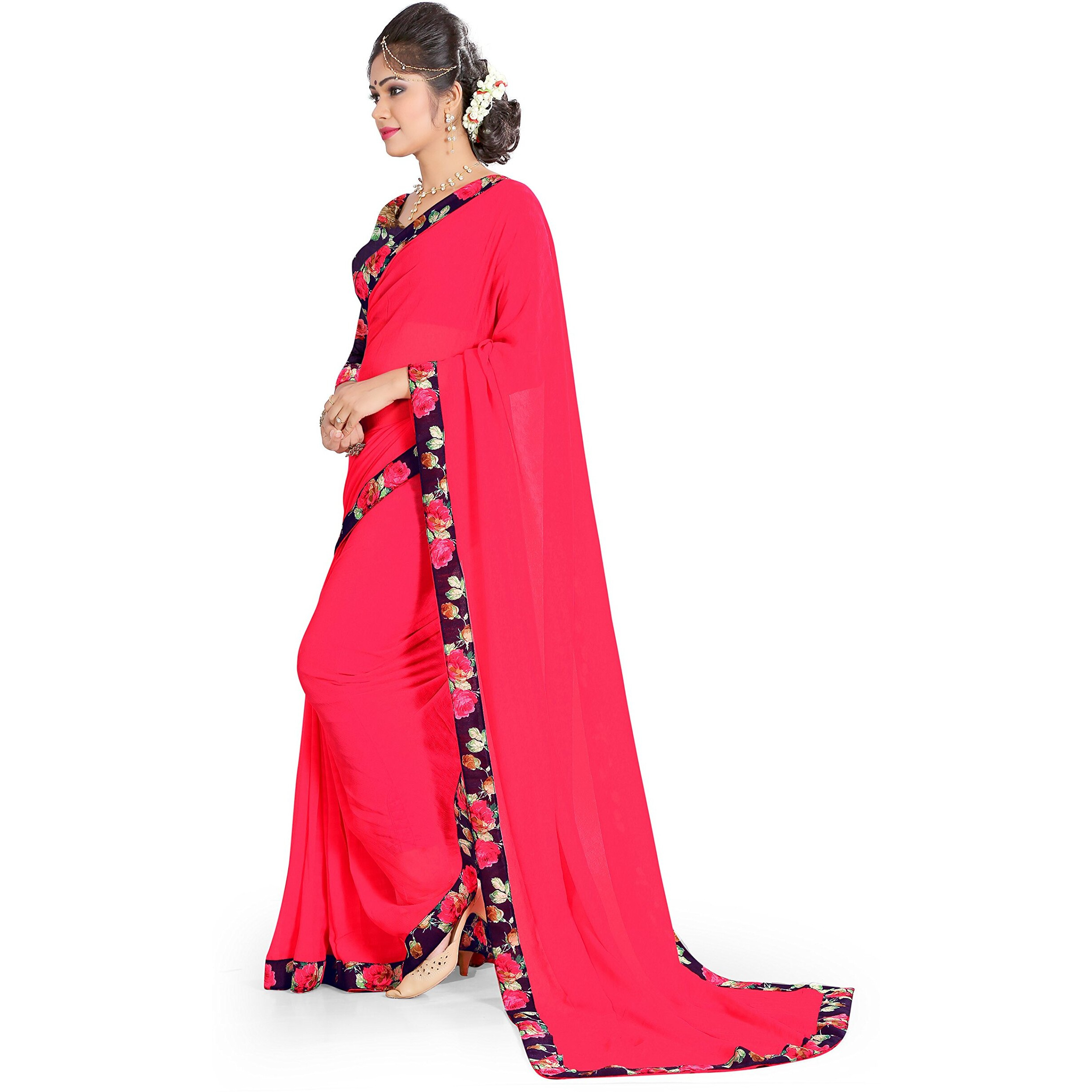 Oomph Womens Printed Chiffon Sarees - Strawberry Pink