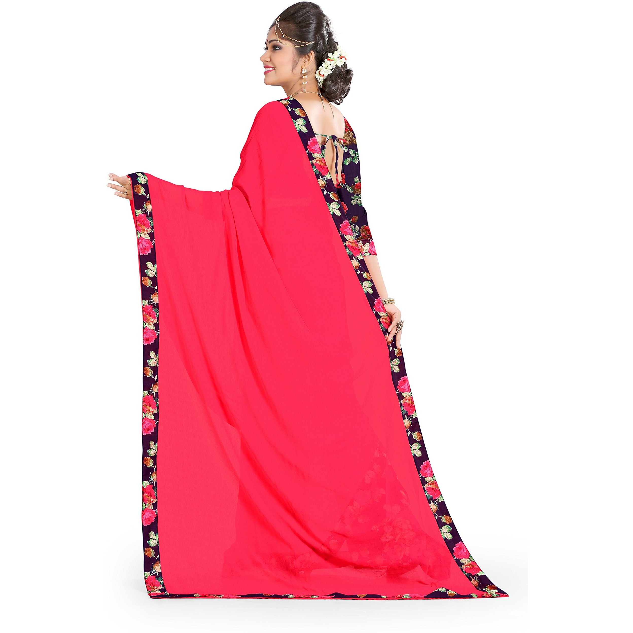 Oomph Womens Printed Chiffon Sarees - Strawberry Pink