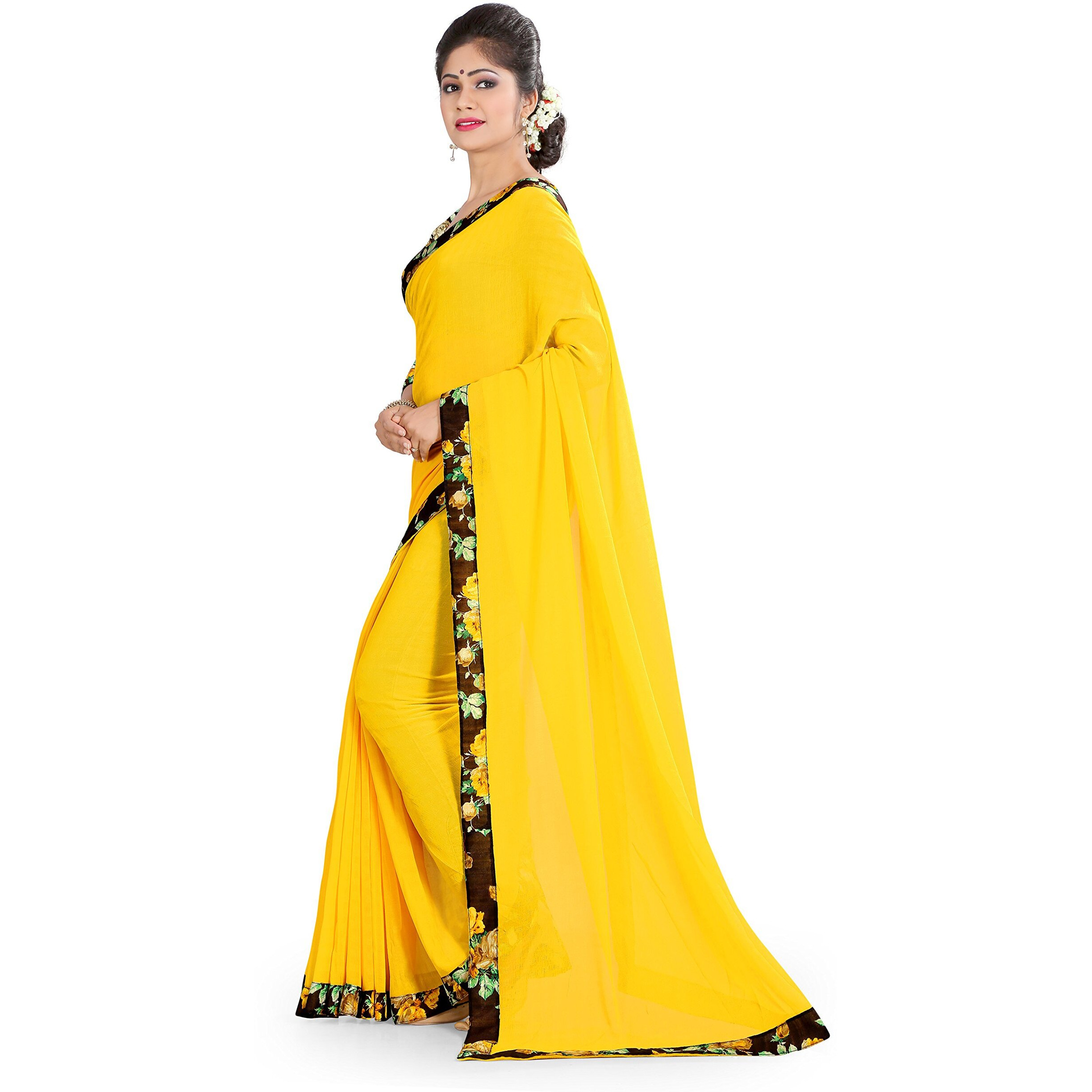 Oomph Womens Printed Chiffon Sarees - Butter Yellow