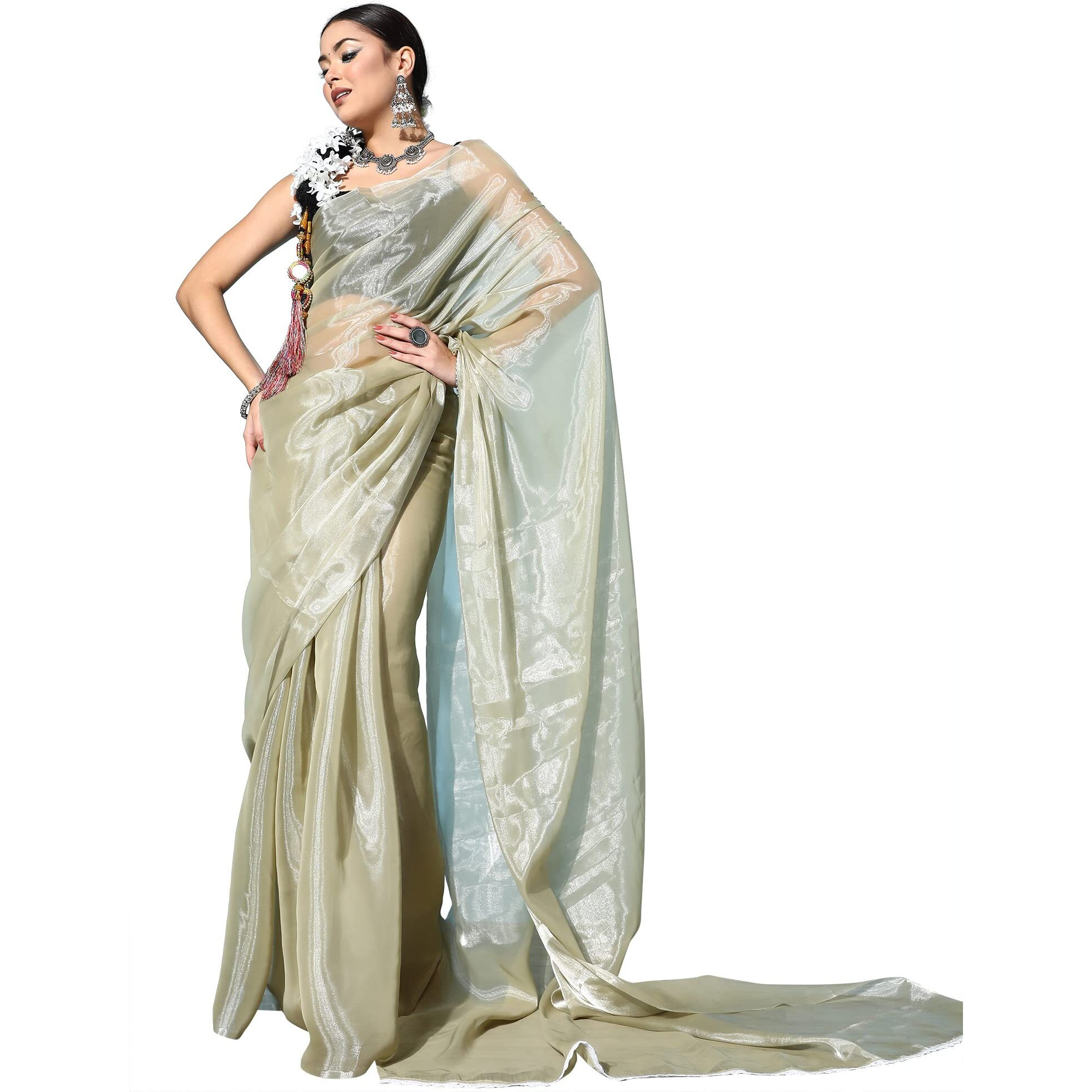 AKHILAM Womens Solid Organza Saree With Unstitched Blouse Piece (Olive_METLIC108)