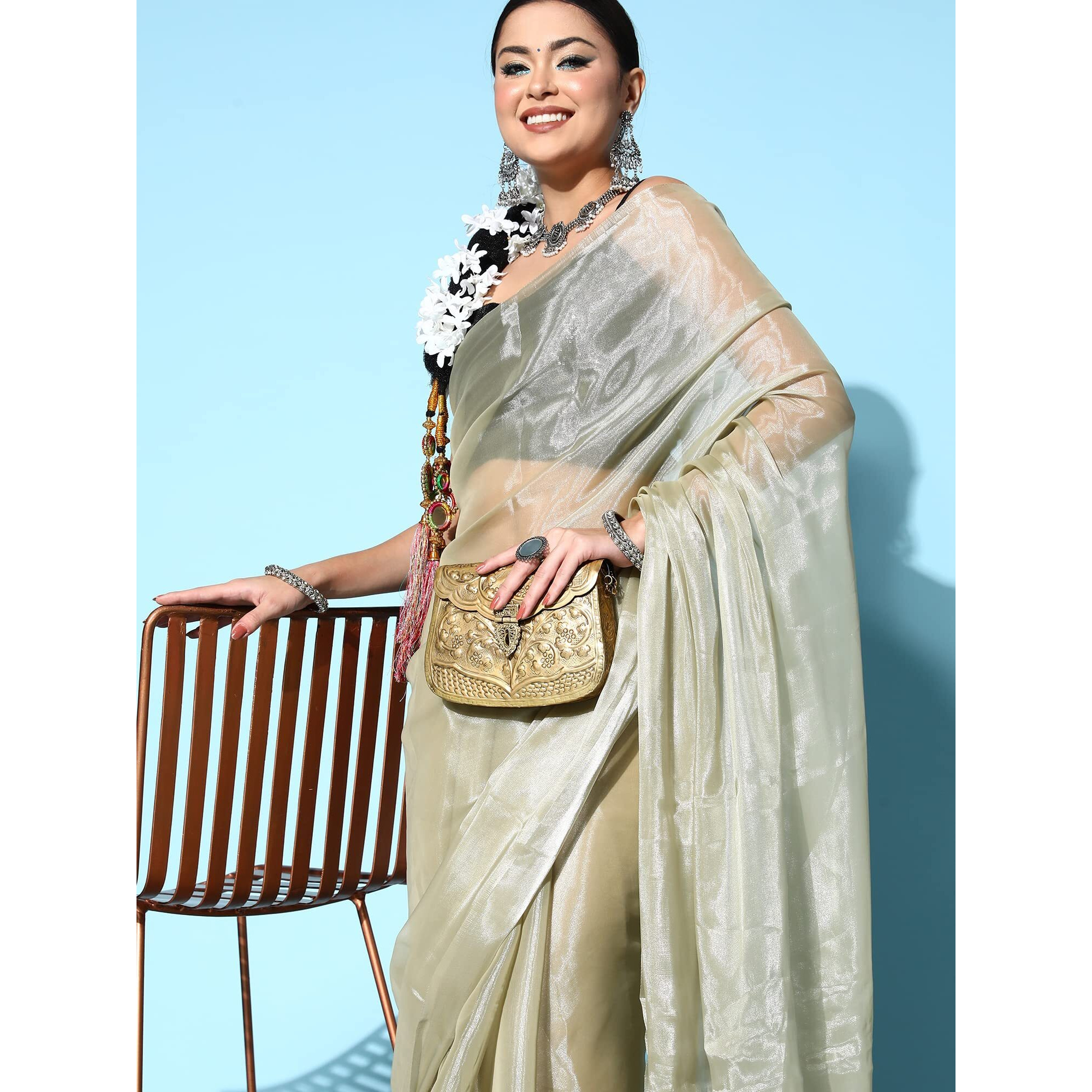 AKHILAM Womens Solid Organza Saree With Unstitched Blouse Piece (Olive_METLIC108)