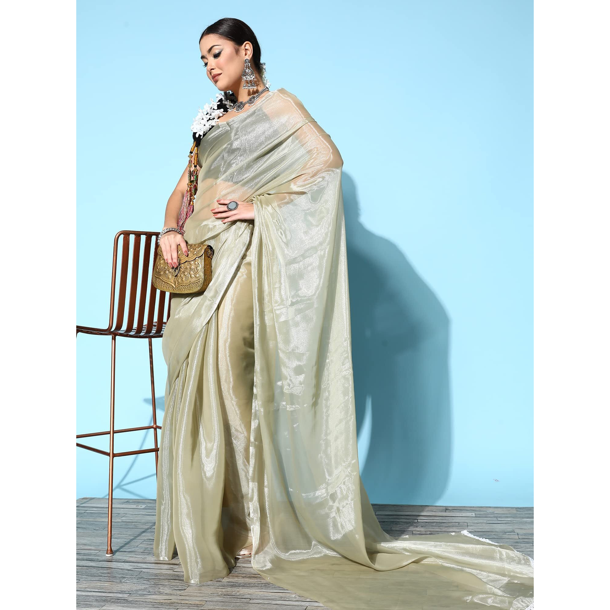 AKHILAM Womens Solid Organza Saree With Unstitched Blouse Piece (Olive_METLIC108)