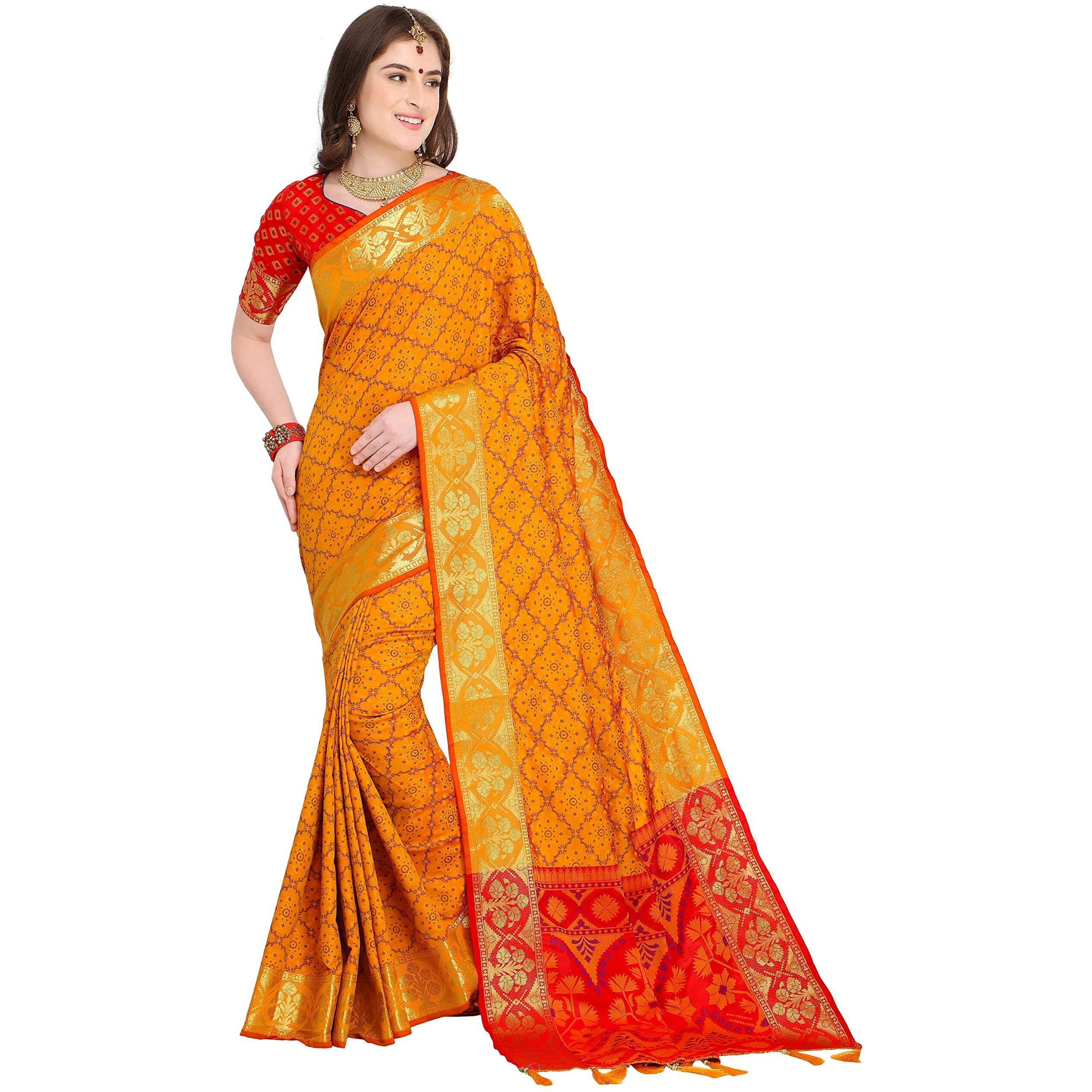 Ethnic Junction Womens Mustard Yellow Patola Silk Blend Saree With Blouse Piece (EJ1175-1003_Yellow)