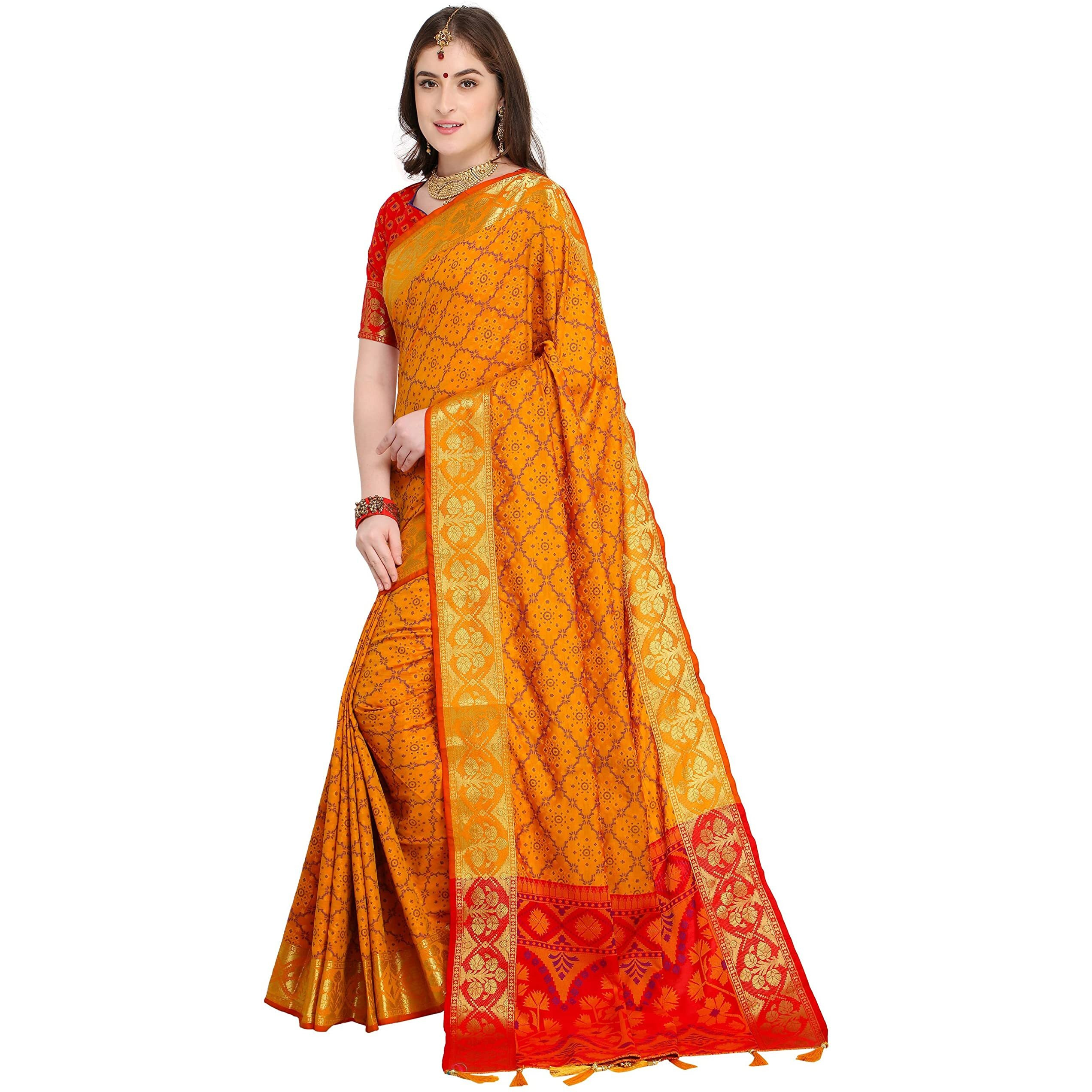 Ethnic Junction Womens Mustard Yellow Patola Silk Blend Saree With Blouse Piece (EJ1175-1003_Yellow)