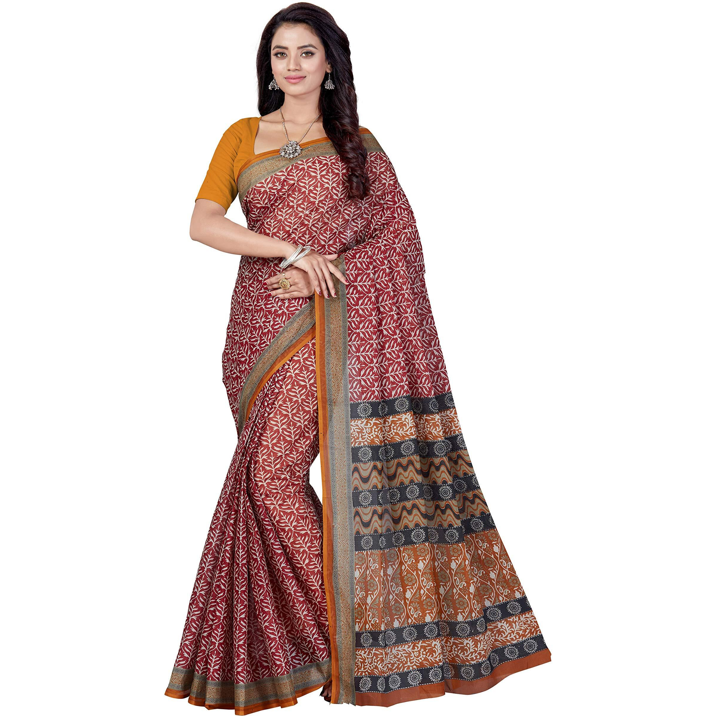 RANI SAAHIBA Womens Pure Cotton Printed Saree Without Blouse Piece (SKR5283_Maroon-Mustard)