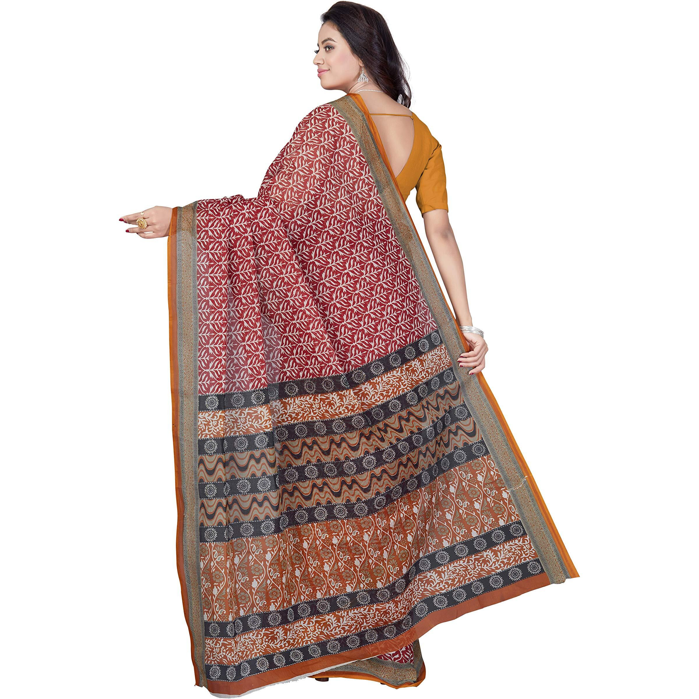 RANI SAAHIBA Womens Pure Cotton Printed Saree Without Blouse Piece (SKR5283_Maroon-Mustard)